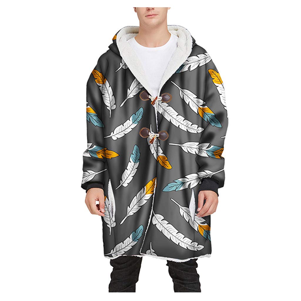 Men's Winter Long Hooded Horn Buckle Velvet Thick 3D Printed Coat - Warm Windproof Jacket for Outdoor Activities, Snowboarding & Casual Wear