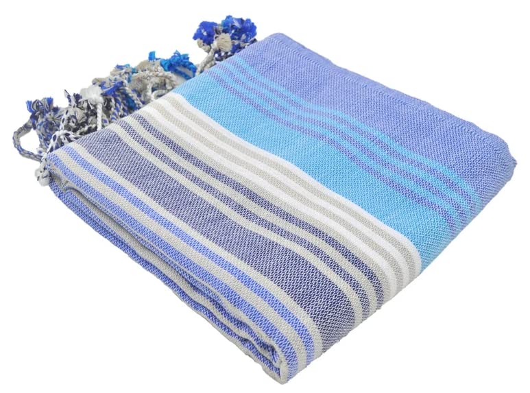 Navy Blue and Aqua Cotton Peshtemal Towel - Extra Long, Thin & Absorbent Fouta Towel for Bath, Pool, Beach - Perfect for Travel, Yoga, and Spa - EU50-2961