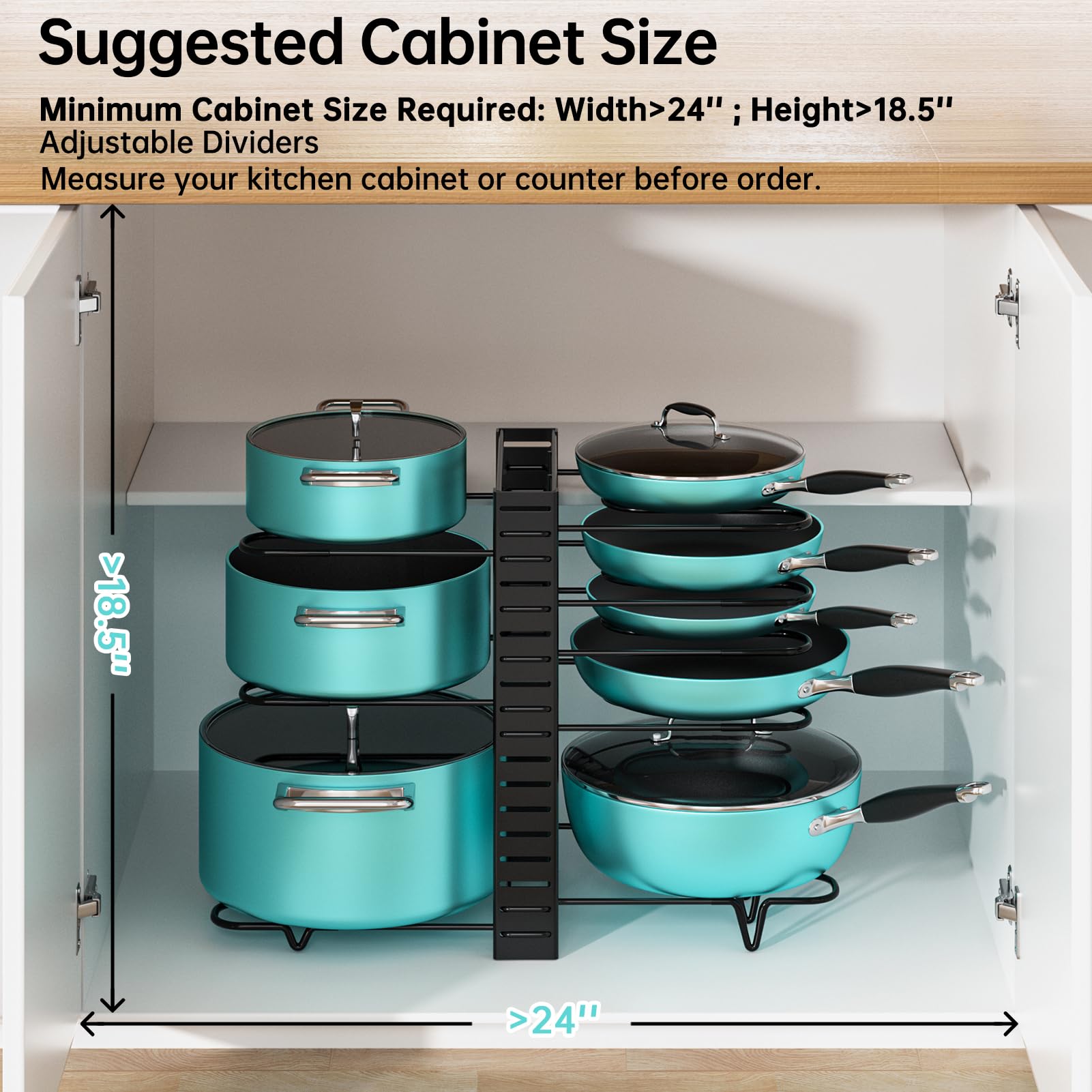 MUDEELA Adjustable 8-Tier Pots and Pans Organizer Rack - Under Cabinet Storage with 3 DIY Installation Methods for Kitchen Cabinet Organization | Perfect for Small Kitchens, RV Cooking & Space-Saving Storage Solutions