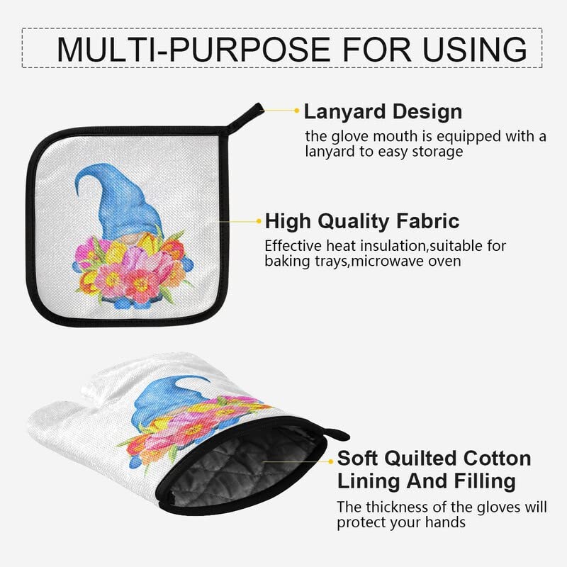Mother's Day Tulips Gnome Oven Mitts & Pot Holders Set - 2PCS Heat Resistant Kitchen Gloves with Soft Cotton Lining - Non-Slip Baking, Cooking & BBQ Accessories for Spring Summer Floral Decor