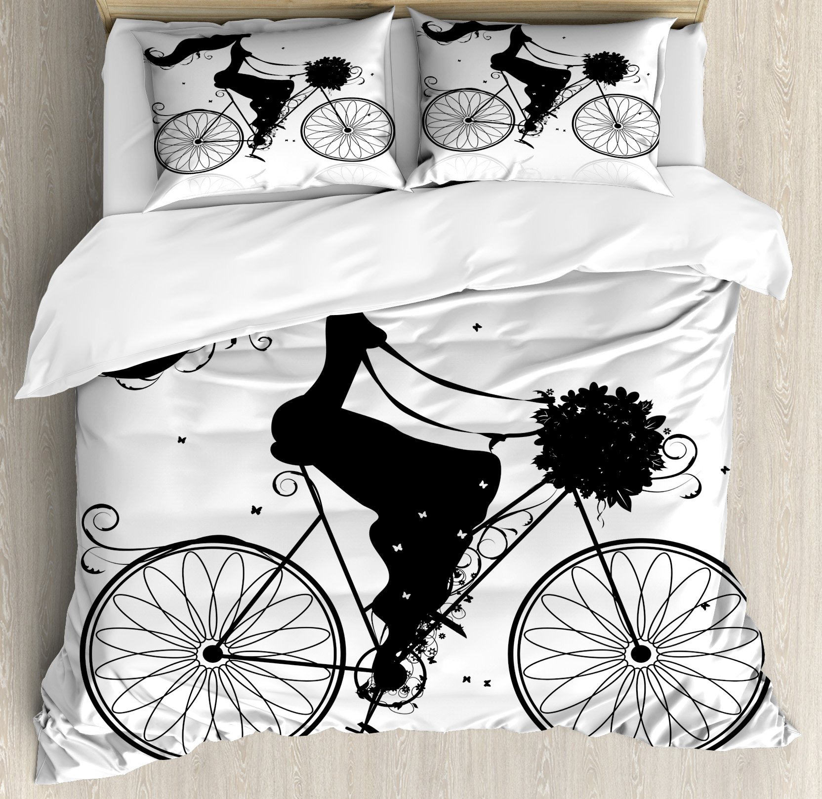 Ambesonne Black and White Duvet Cover Set - Queen Size 3-Piece Bedding with Floral Cycling Bride Design & 2 Pillow Shams | Modern Bohemian Bedroom Decor for Guest Rooms, Master Suites & Dorm Styling