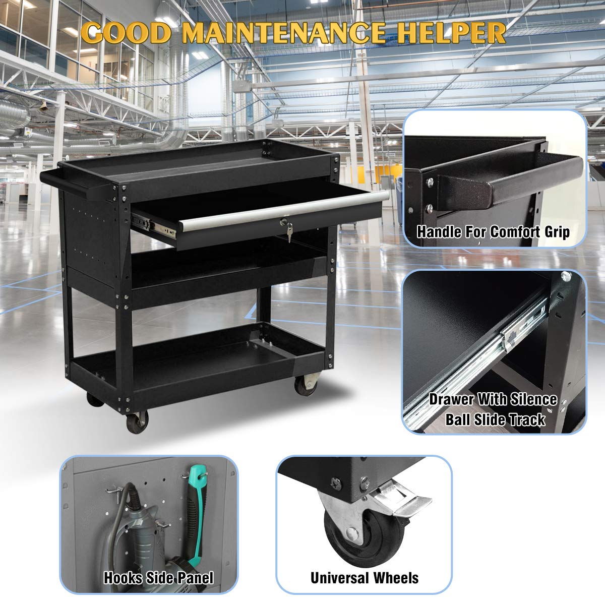 X&T 3-Tier Heavy Duty Rolling Tool Cart with Drawer & Lock - 300 lbs Capacity Industrial Mobile Utility Cart on Wheels for Mechanics, Warehouse, Garage, Office & Home Use - Perfect for Organizing Tools & Cleaning Supplies (Black)