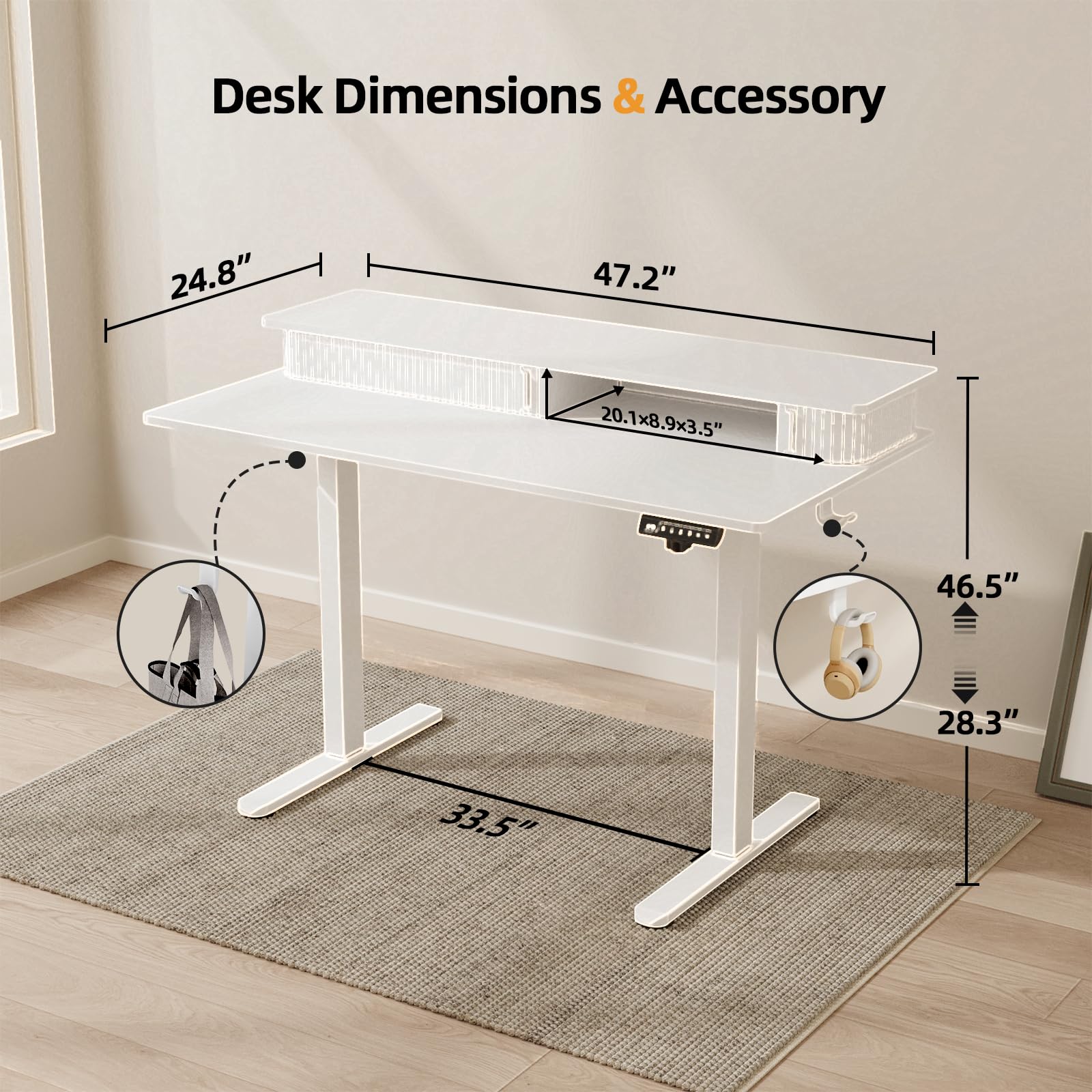 JOY Worker 48 Inch Electric Height Adjustable Standing Desk with Storage Shelves & Built-in Monitor Stand - Ergonomic Sit to Stand Workstation with 2 Hooks for Home Office (White) | Perfect for Remote Work, Gaming Setup & Small Space Office Solutions