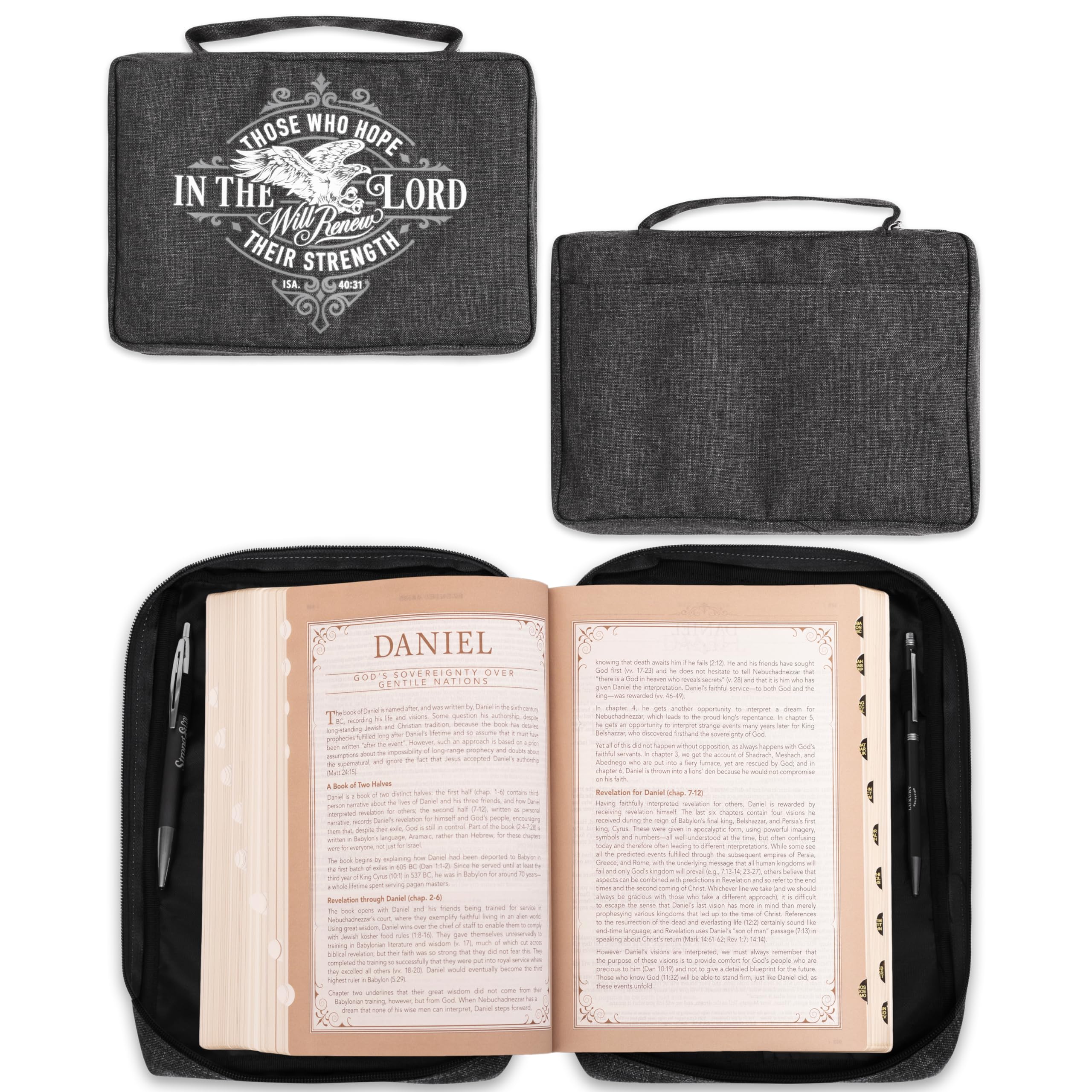 Premium Christian Bible Cover with Zipper Pocket & Pen Holder - Isaiah 40:31 Inspirational Verse for Men & Women | Durable Polyester, Charcoal Gray, Large Size | Perfect for Church, Bible Study & Travel