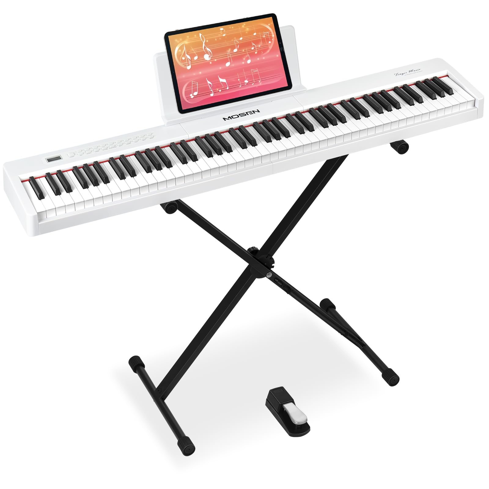 Mosen 88-Key Digital Piano Keyboard with Semi-Weighted Keys - Professional Double Keyboard with LED Display, 380 Tones & 128 Rhythms - Includes 88 Demo Songs, Piano Lessons, Stand & Sustain Pedal (MSP-45WH, White) - Perfect for Home Practice, Music Studios & Live Performances