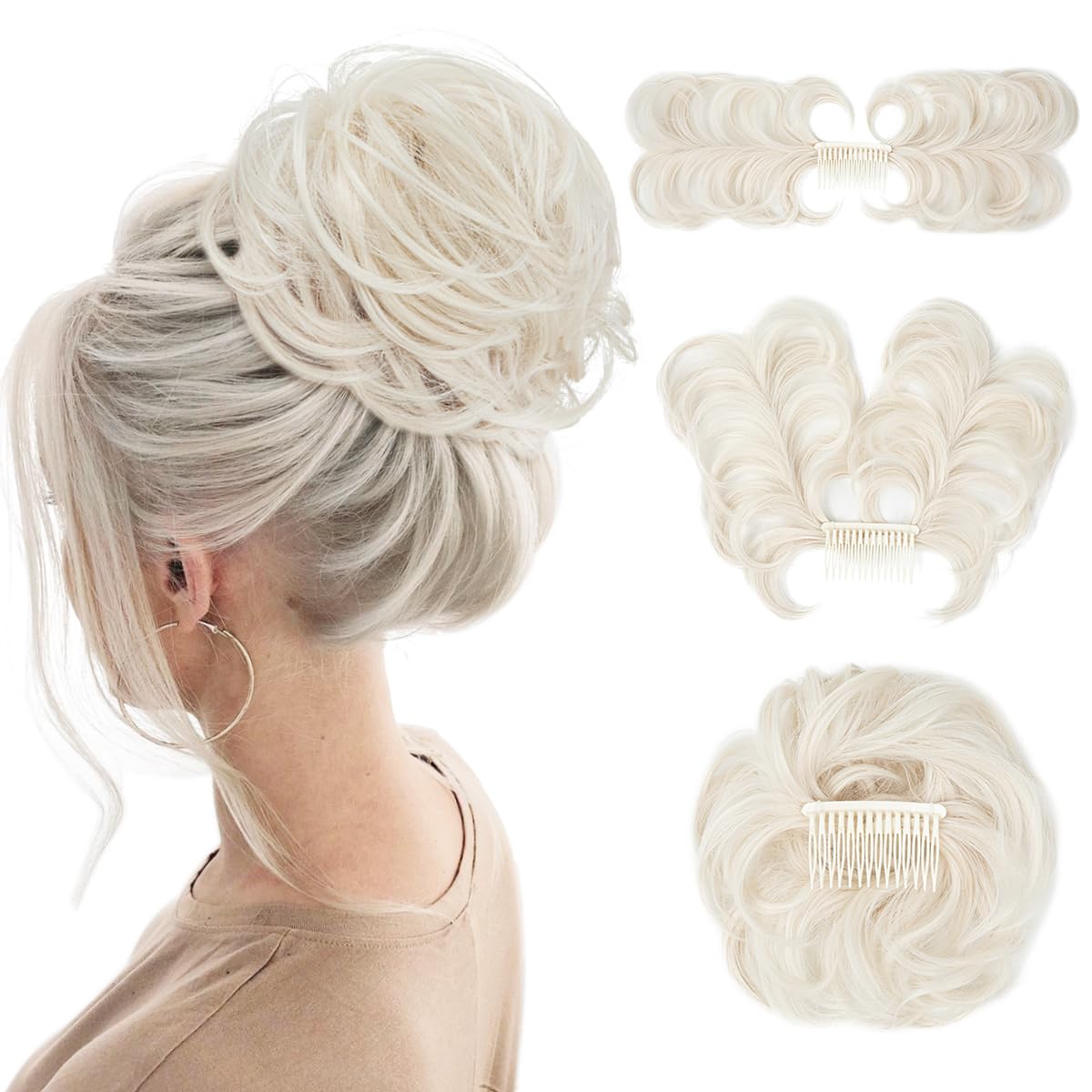 Messy Bun Hair Clip for Women - Adjustable Side Comb Hairpiece for Short Natural Straight Hair - Easy to Use & Versatile Styling - White Blonde (Perfect for Work, Parties & Everyday Wear)