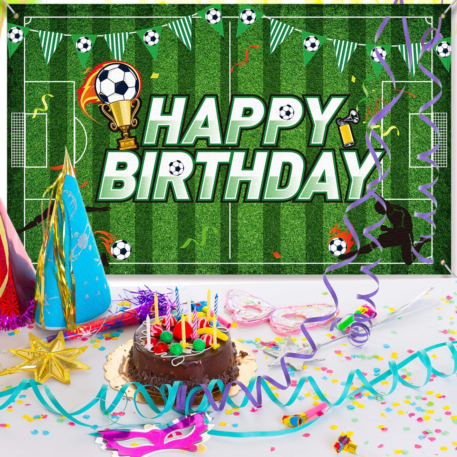 5.9x3.6ft Soccer Birthday Party Backdrop - Football Field Photo Background for Soccer Theme Decorations, Cake Table & Photo Booth Props | Perfect for Kids Birthday Parties, Sports Celebrations & Team Events