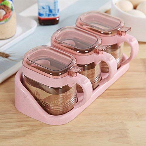 OUTOS 12-Piece Glass Spice Jars Set with Lids & Wooden Spoons - Airtight Kitchen Storage Containers for Salt, Pepper, Herbs - Transparent Seasoning Cruets with Bamboo Base (Pink) - Perfect for Pantry Organization & Cooking Essentials