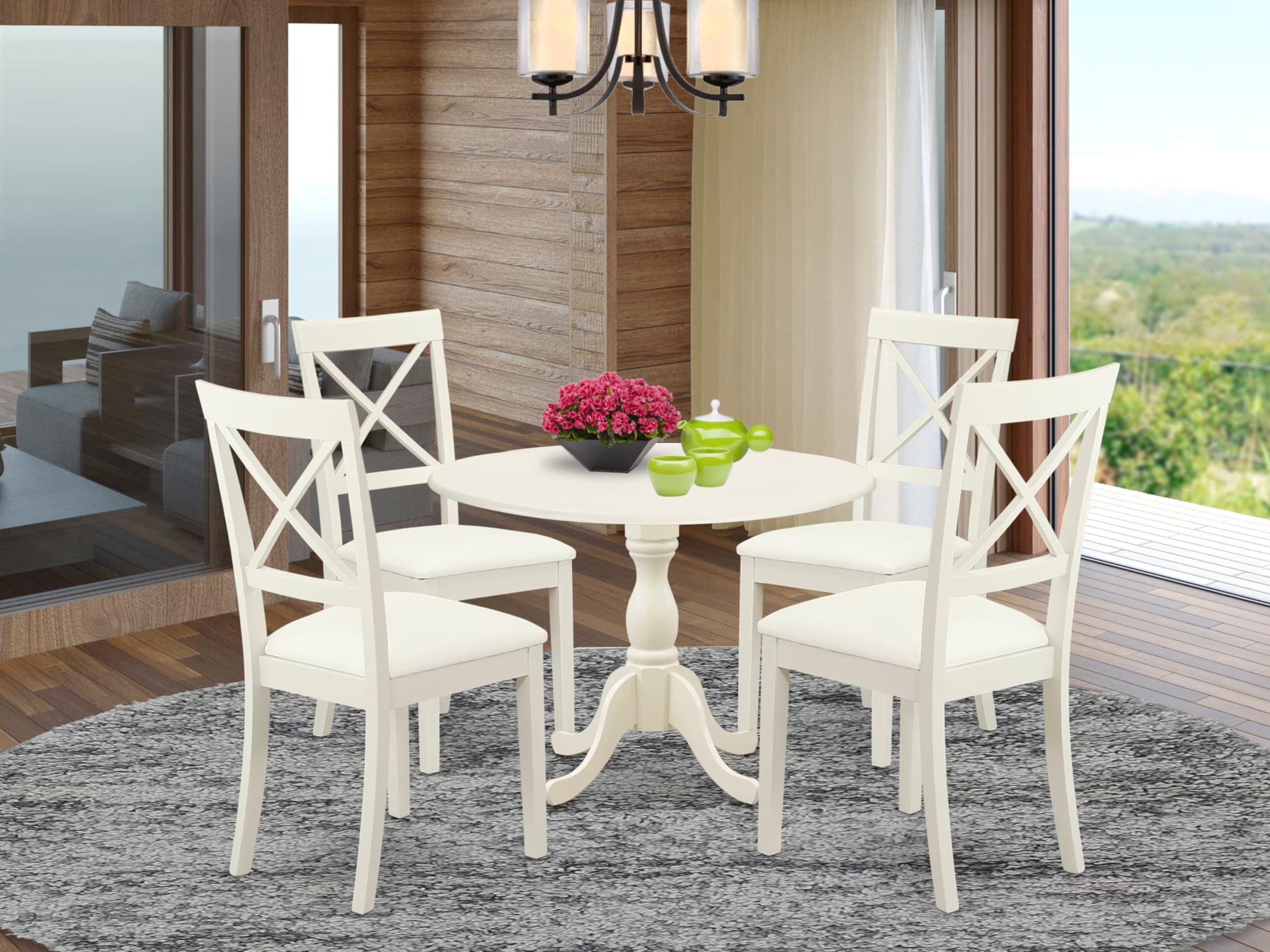 East West Furniture 5-Piece Dining Set with Round Drop-Leaf Table & 4 Upholstered Chairs - 42x42 Inch, Linen White | Perfect for Small Kitchens, Breakfast Nooks & Cozy Dining Spaces