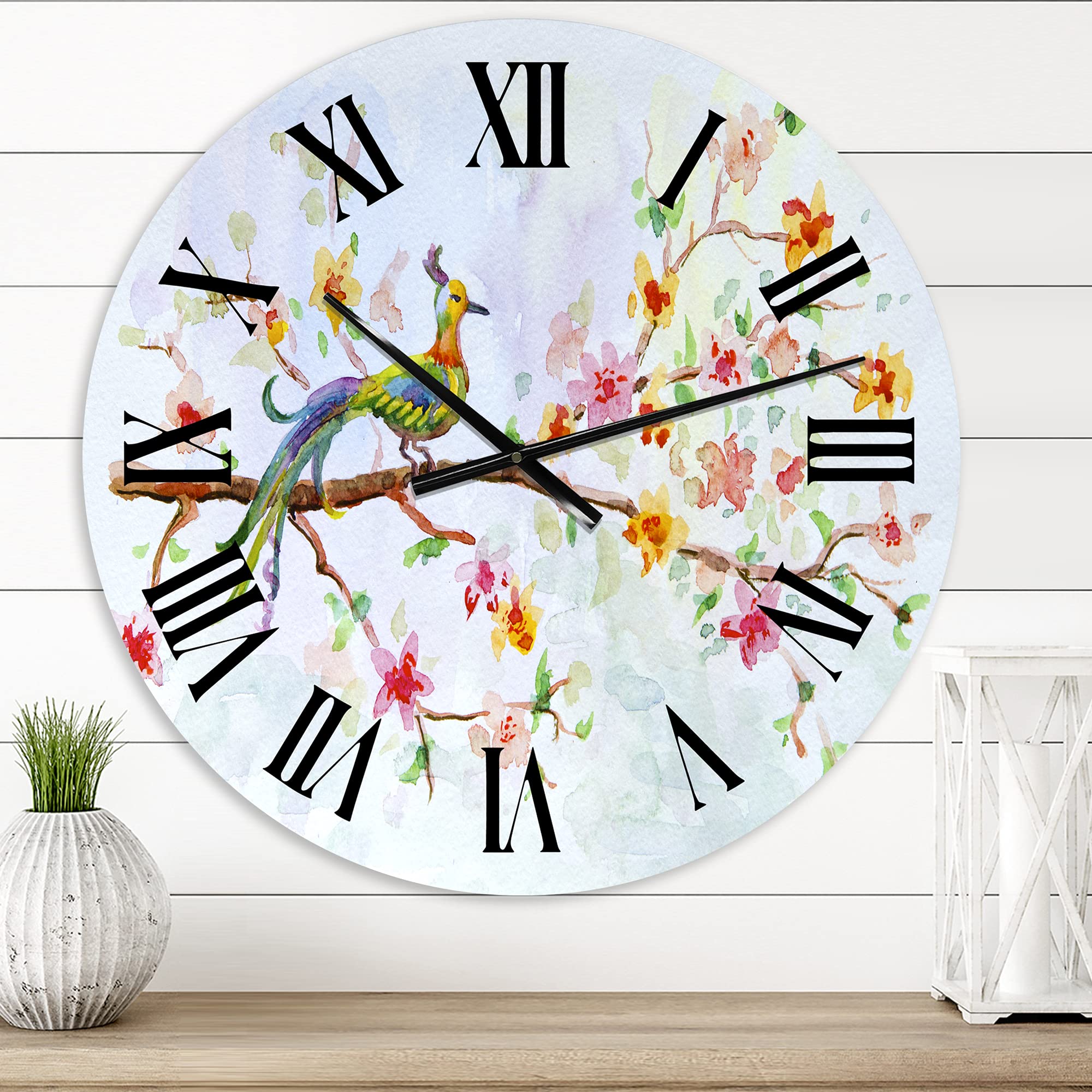 DesignQ Traditional Wall Clock - Little Bird on Blooming Branch, Large Decorative Animal Wall Clock for Bedroom, Living Room & Office | Silent Non-Ticking Home Décor
