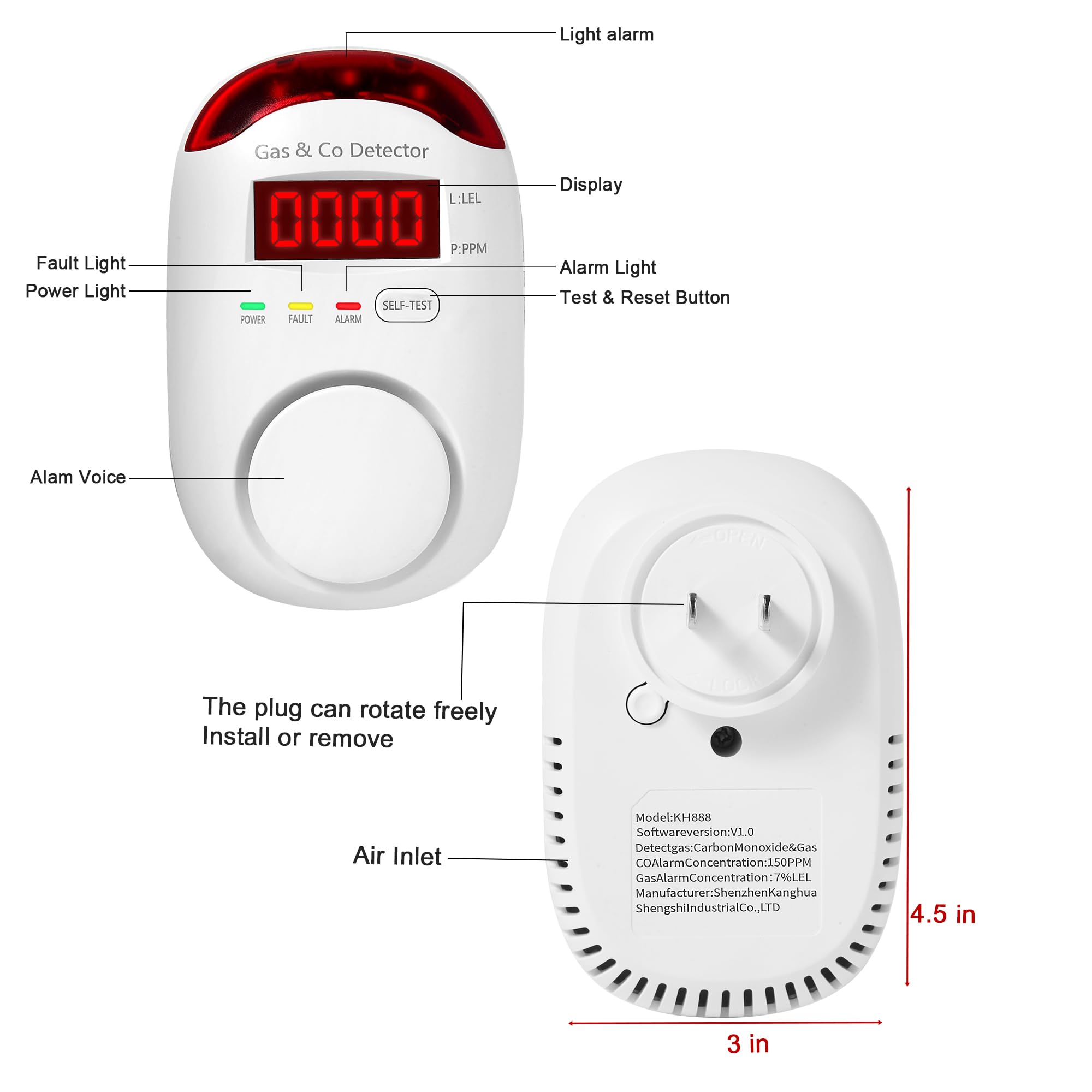 2-in-1 Plug-in Natural Gas & Carbon Monoxide Detector Alarm - CO, Propane, Methane & Explosive Gas Leak Detector for Home, RV, Kitchen, Garage - Easy Installation & Reliable Safety Protection