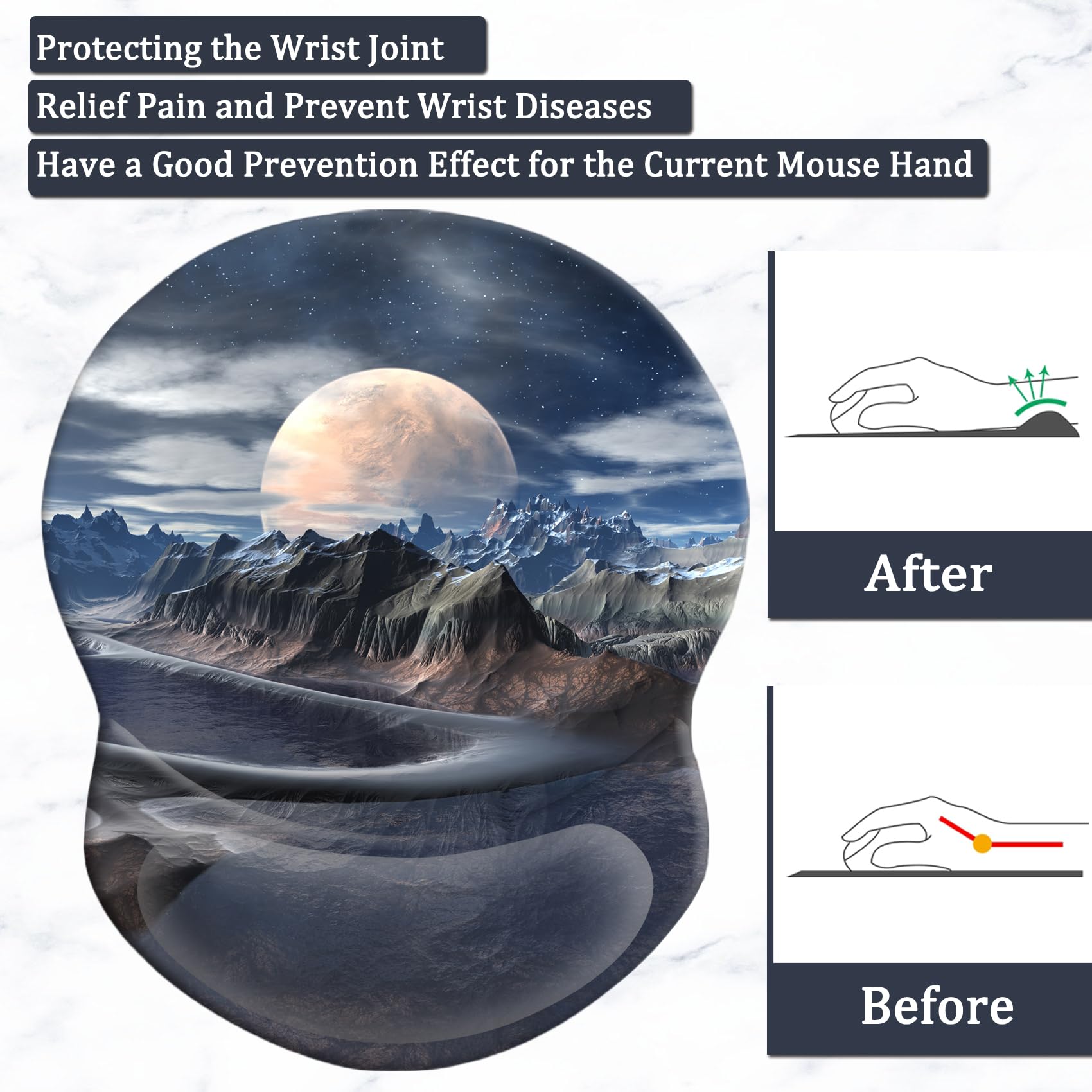 Ergonomic Mouse Pad with Wrist Support - Pain Relief Comfort for Office, Gaming & Study - Non-Slip PU Base Computer Mouse Pad (Aesthetic Moon Design) - Perfect for Home Office, PC Gaming & Long Work Sessions