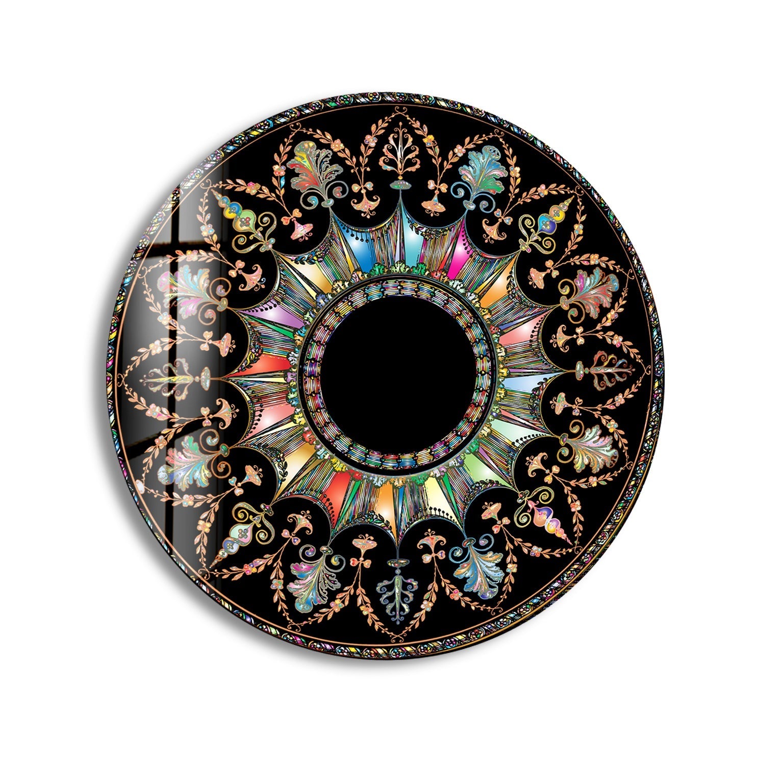 Black Mandala Round Glass Wall Art - Handmade Bohemian Decor for Living Room, Bedroom & Meditation Space