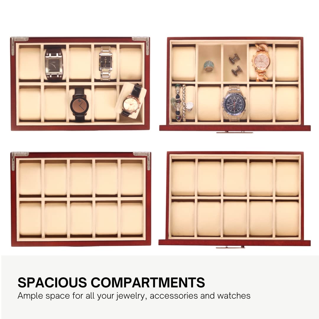 Cherry Oak Wood 20 Slot Watch Display Case & Jewelry Box Storage Organizer - Elegant Watch and Jewelry Organizer for Men & Women - Perfect for Home, Office, and Travel Accessory Storage