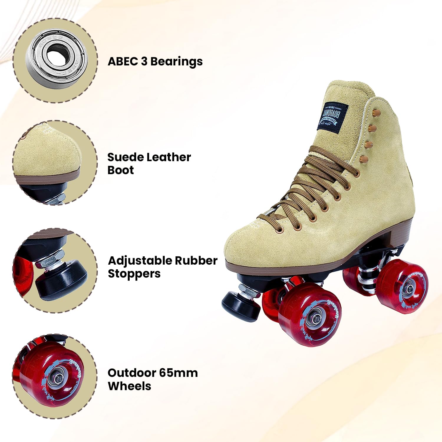 Sure Grip Tan Boardwalk Outdoor Roller Skates for Men & Women - 65mm Wheels, Nylon Sole, ABEC 3 Bearings, 5/8