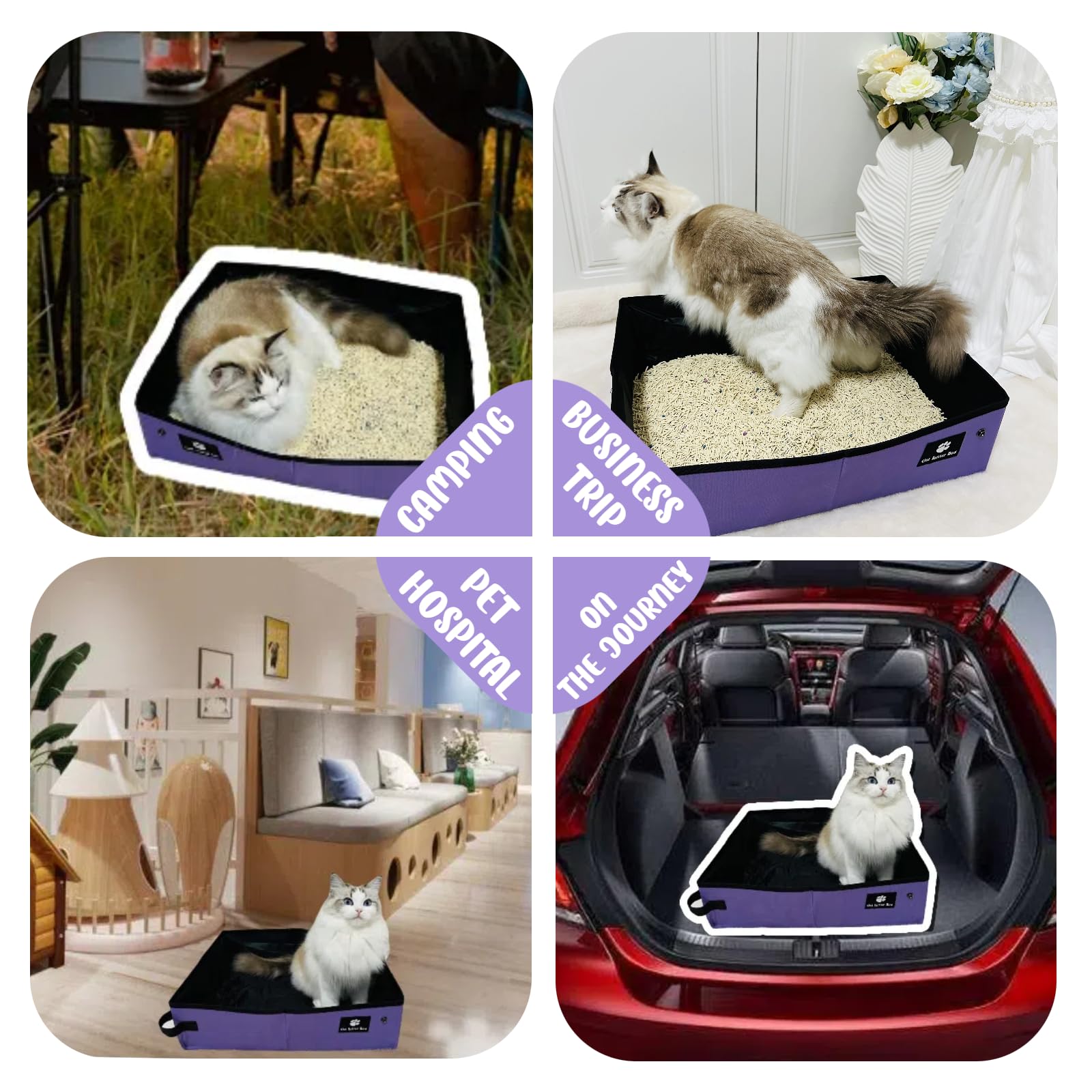 Foldable Waterproof Travel Cat Litter Box - Portable & Leak-Proof Small Litter Pan for Camping, Hotels, Road Trips & Vet Visits | Compact Design for Easy Packing | Ideal for Indoor & Outdoor Use (Purple)