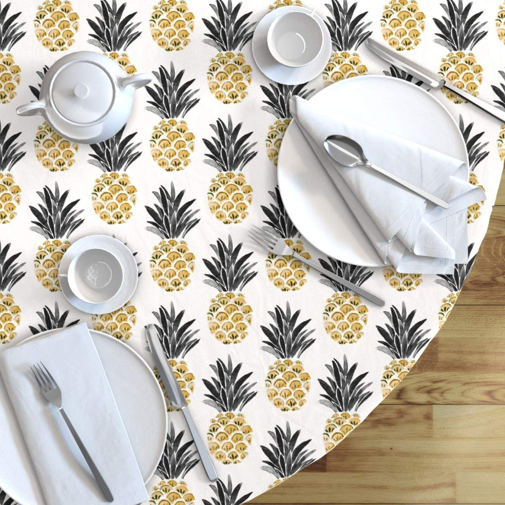 Vintage Pineapple Deco Mid Century Gold Black Tropical Print Cotton Sateen Tablecloth - 70