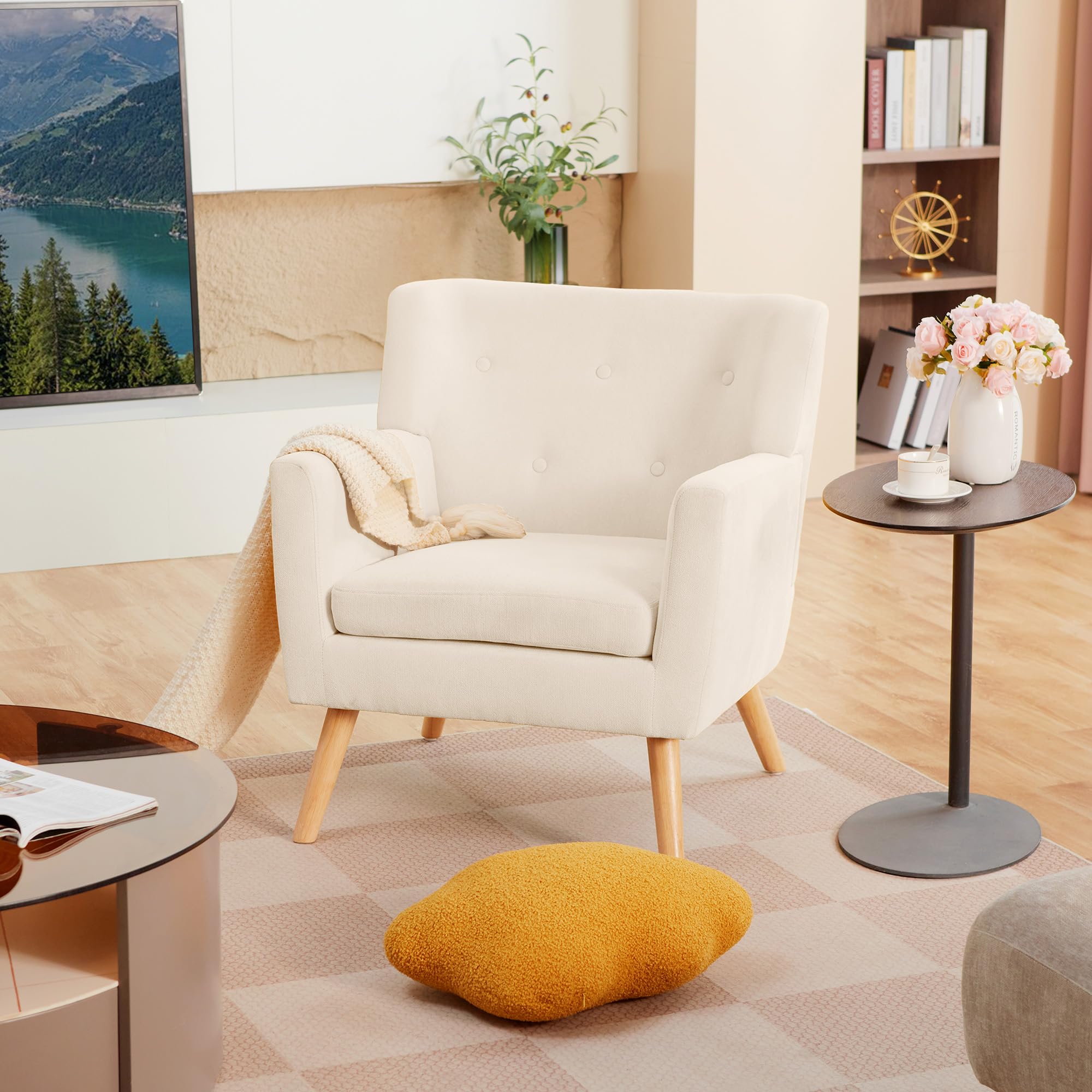 Prilinex Mid-Century Modern Accent Chair - Button Tufted Upholstered Armchair with Cushion, Comfortable Fabric Living Room & Bedroom Chair in Beige | Perfect for Reading Nooks, Lounge Areas & Waiting Rooms