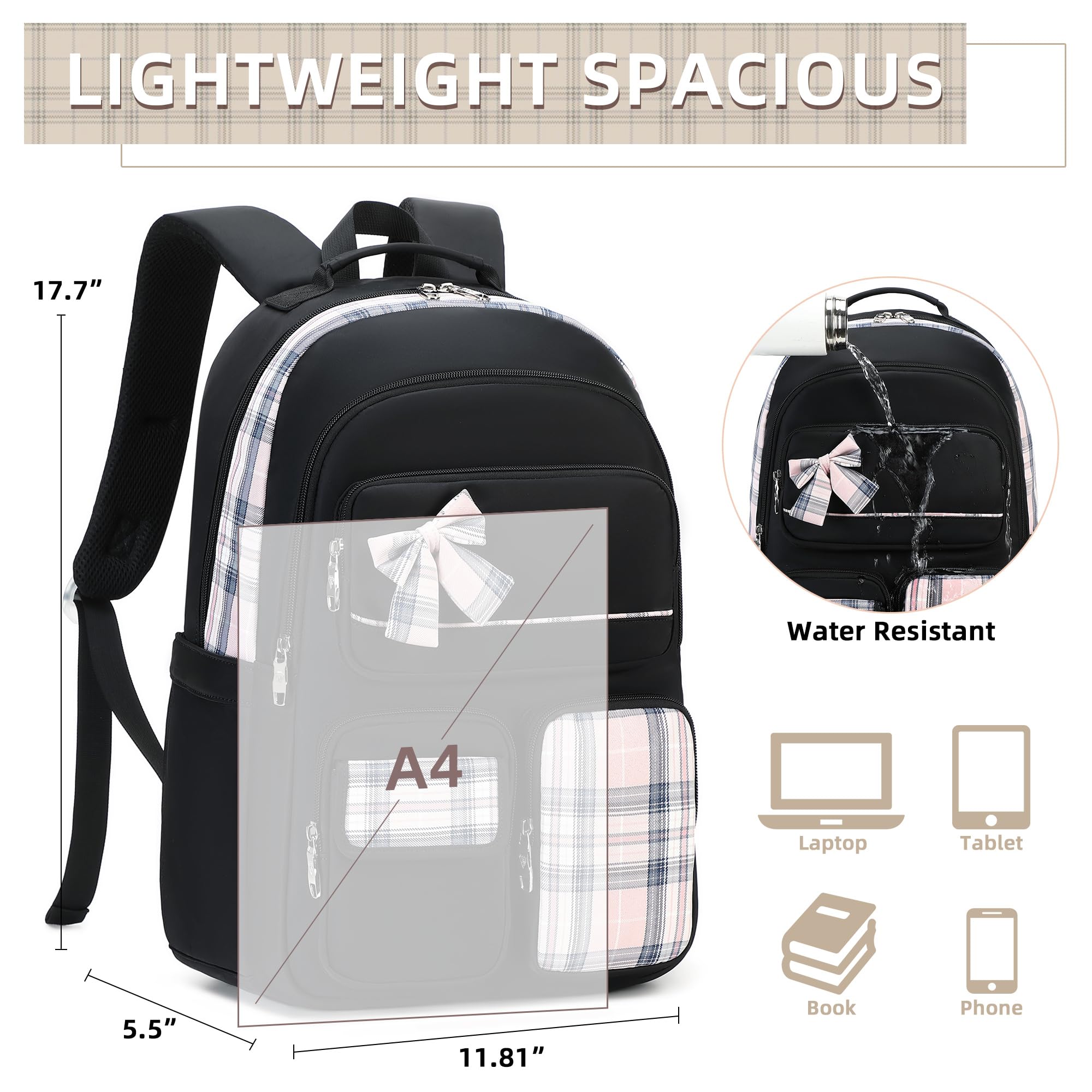 Cute Girls Backpack for School, College & Travel - 15.6 Inch Laptop Bookbag for Teen Women & Kids - Large Durable Daypack for Kindergarten, Elementary Students - Perfect for Daily Use, Commuting & Outdoor Adventures (Black)