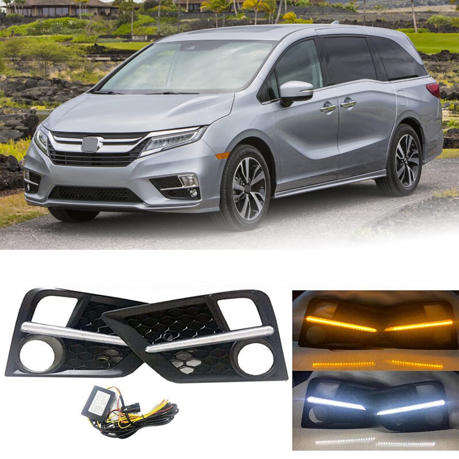 Black LED Fog Light Covers with Daytime Running Lights for 2018-2020 Honda Odyssey - Driver & Passenger Side Pair - Smoked Lens Fog Lamp Bezels with Turn Signal - Upgrade Your Vehicle's Style & Visibility for Night Driving and Bad Weather Conditions