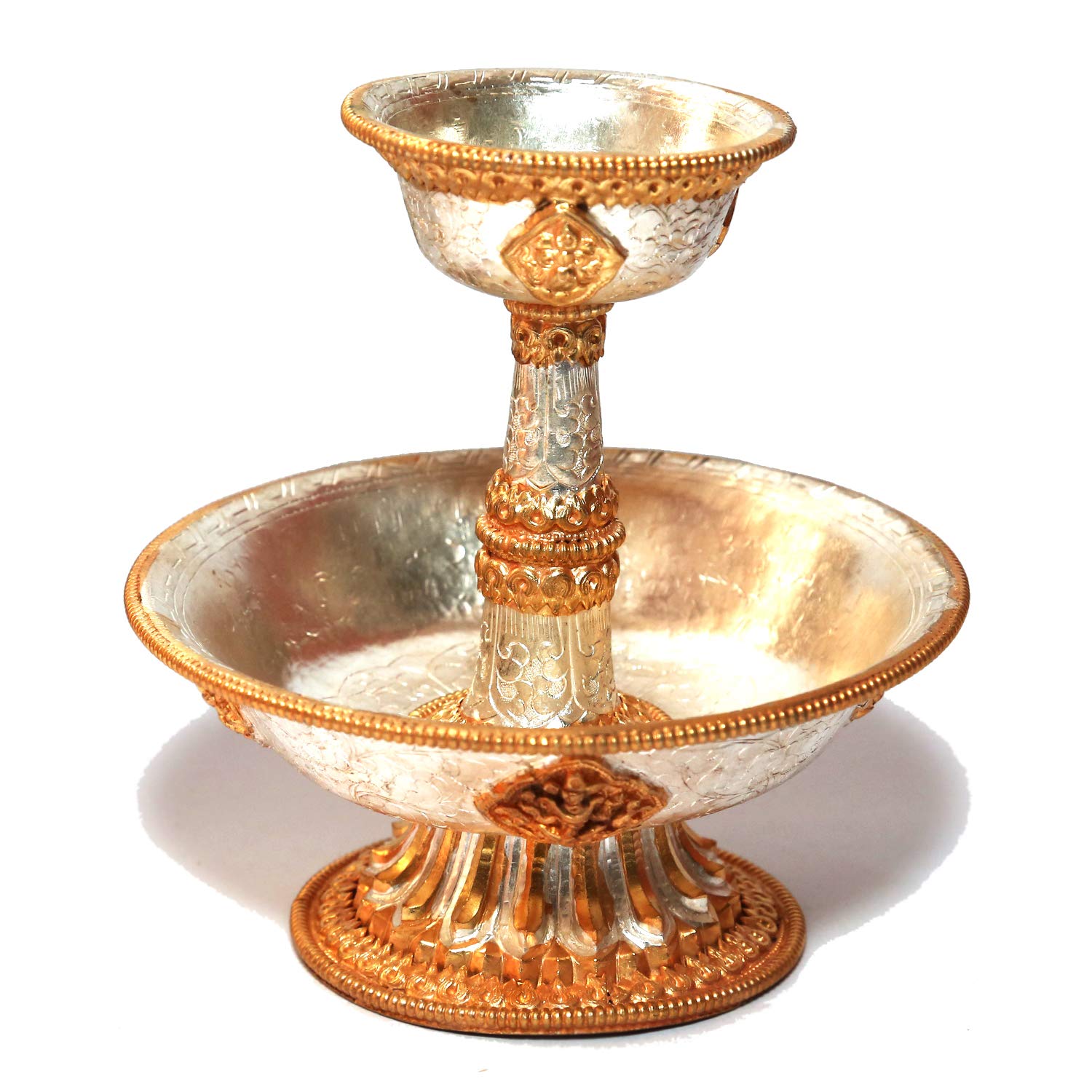 Hand Carved Silver & Gold Plated Copper Serkyem - Tibetan Buddhist Ritual Offering Cup for Altar Decor, Puja Ceremony & Meditation Gifts