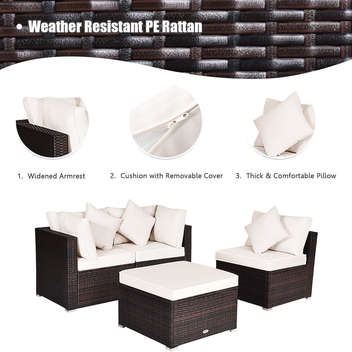 HAPPYGRILL 4-Piece Outdoor Patio Furniture Set - Rattan Wicker Conversation Sofa with Ottoman, Cushions & Pillows - Garden, Lawn, Balcony, Backyard Furniture for Relaxing & Entertaining