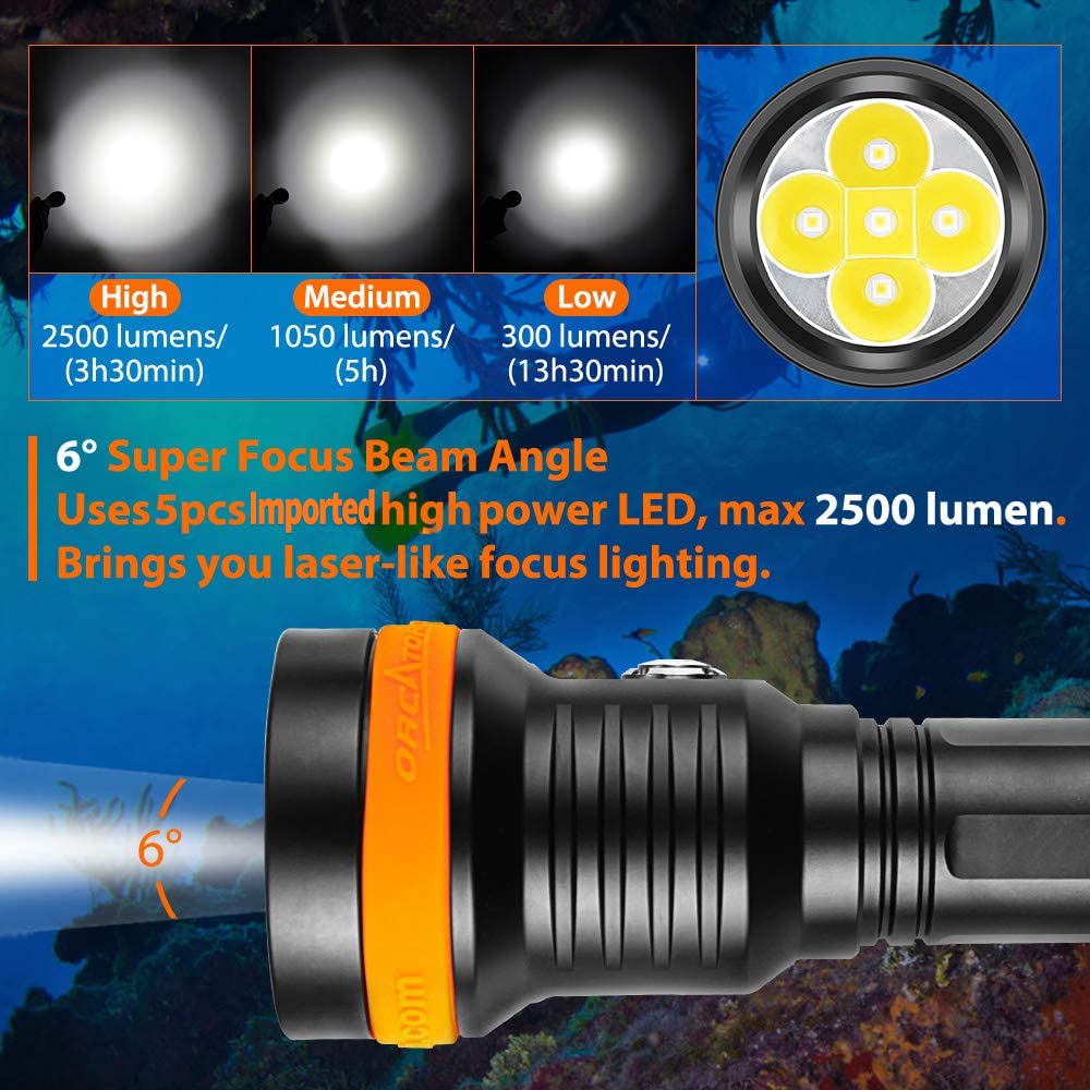 ORCATORCH D850 2500 Lumen Dive Light - 6° Narrow Beam Underwater Flashlight with 5 Super Bright LEDs & Battery Indicator - Perfect for Scuba Diving, Cave Exploration, Night Snorkeling and Underwater Photography