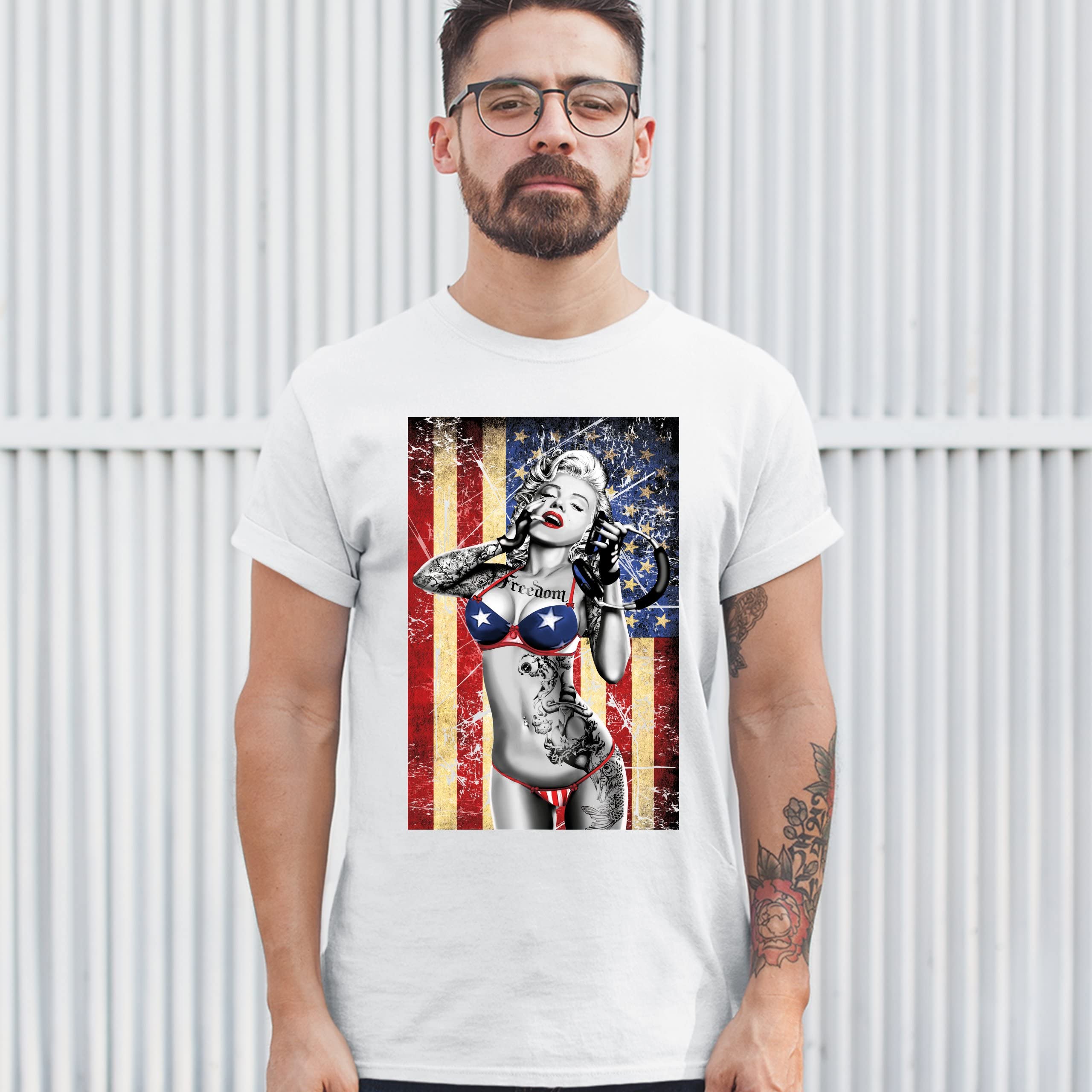 Vintage Marilyn Monroe Hollywood Glamour T-Shirt - American Flag Print Retro Starlet Tee for Men & Women | Casual Wear, Costume Parties, 1950s Theme Events