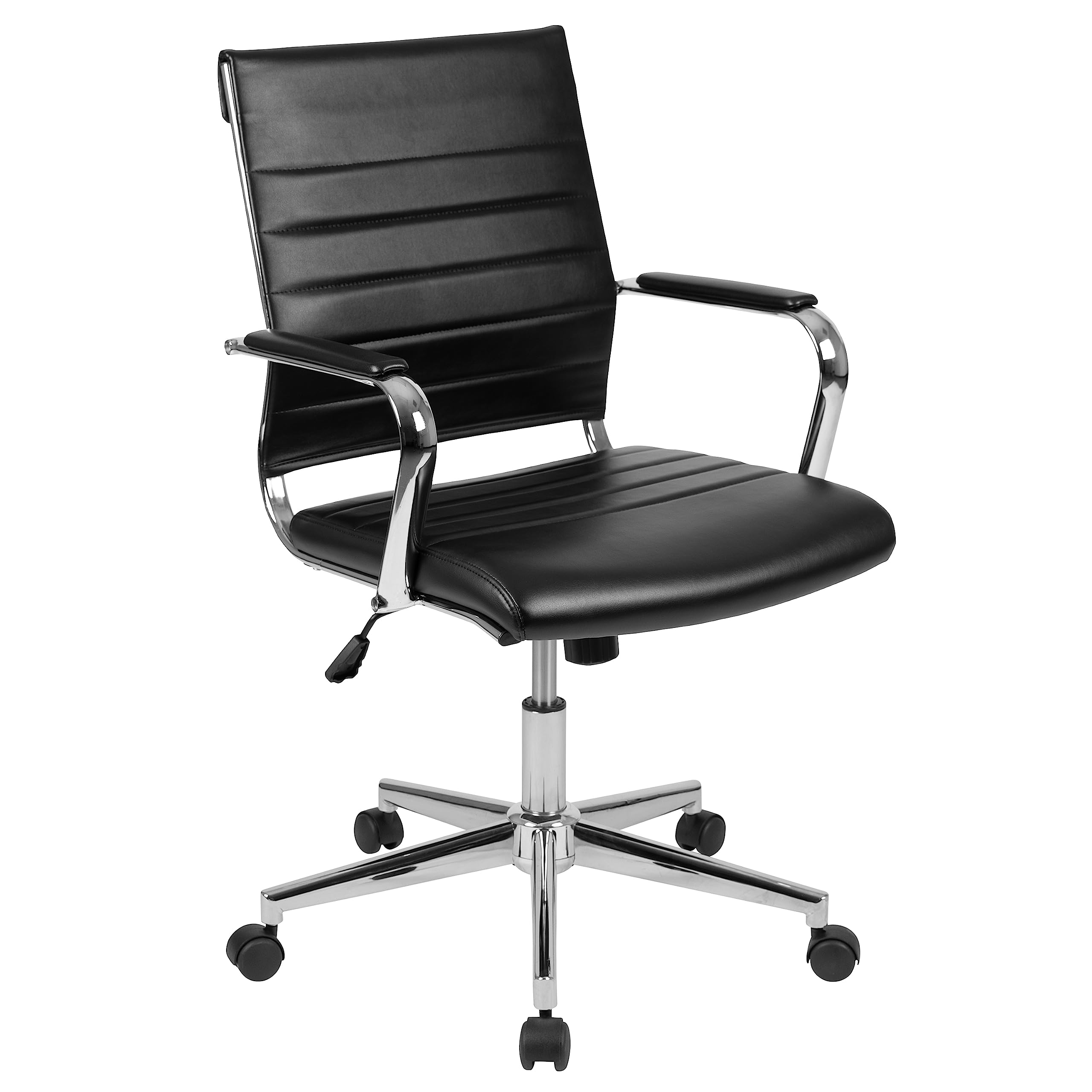 Premium Mid-Back Black LeatherSoft Executive Office Chair with Ribbed Design & 360° Swivel - Ergonomic Desk Chair for Home Office, Conference Room & Workspace