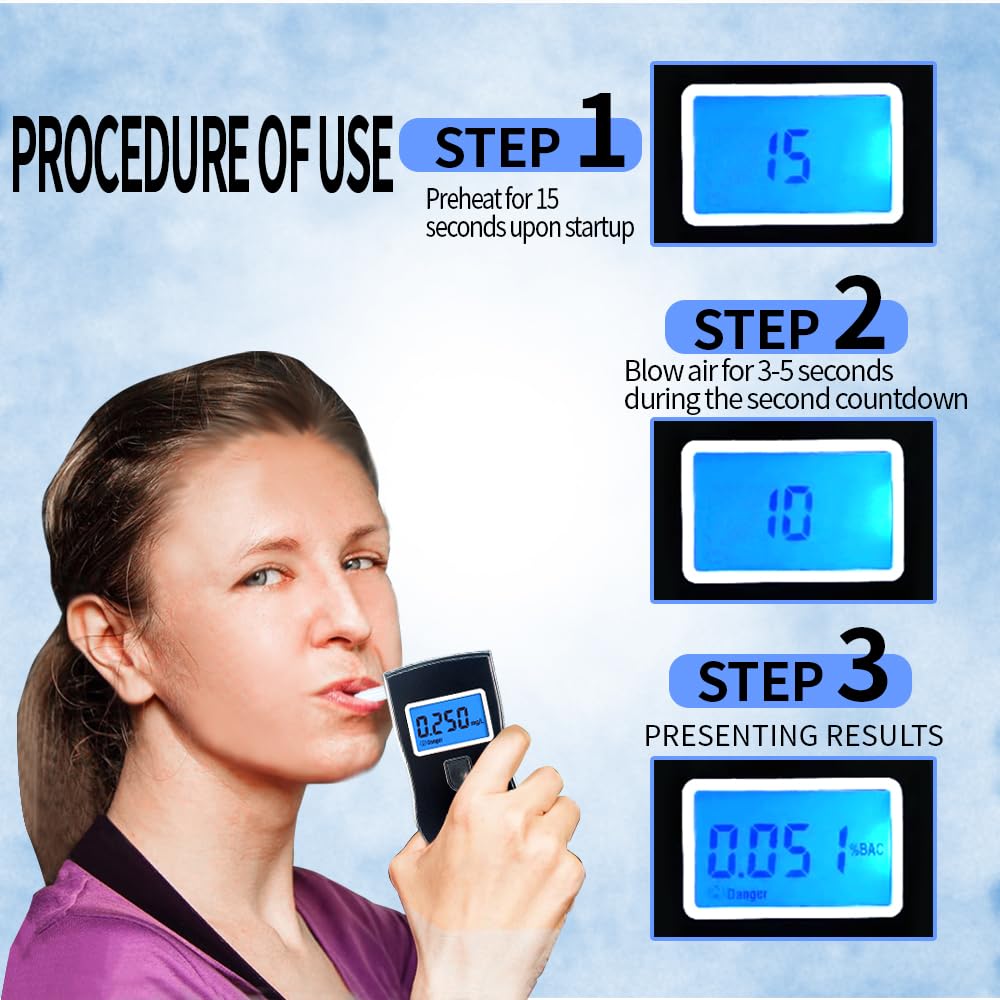 High-Accuracy Portable Breathalyzer - Professional & Personal Alcohol Tester with 20 Mouthpieces | Detect BAC Levels for Home, Workplace & Road Safety