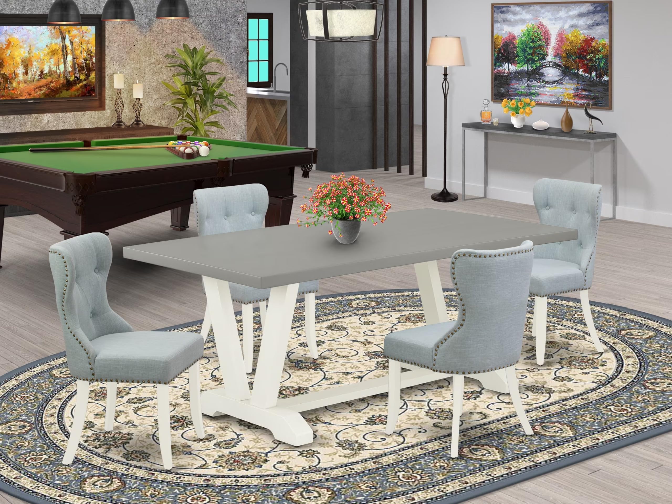 East West Furniture 5-Piece Dining Table Set for 4 - 40x72 Inch Rectangle Kitchen Table with V-Legs & 4 Baby Blue Linen Upholstered Chairs, Multi-Color - Perfect for Small Spaces, Breakfast Nooks & Cozy Family Meals