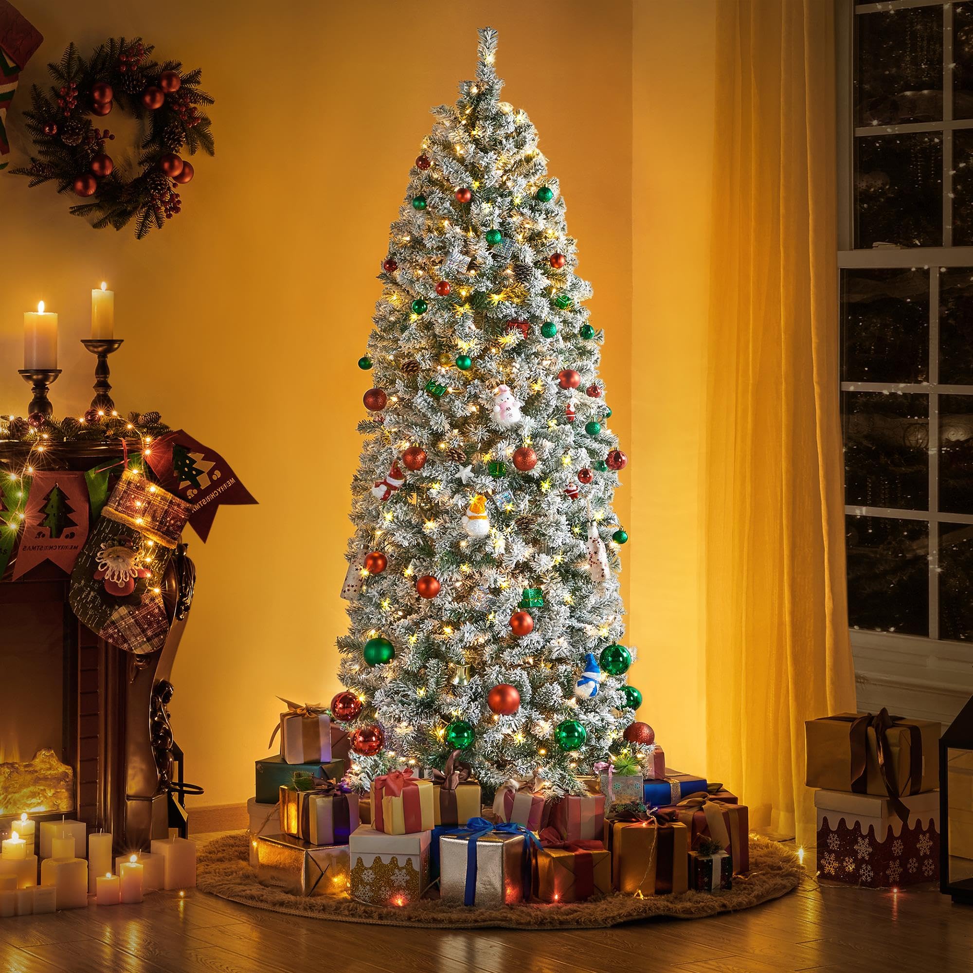 Yaheetech 6ft Pre-lit Snow Flocked Pencil Christmas Tree - Slim Hinged Artificial Fir with 250 Warm White Lights & 814 Snow Tips - Perfect for Small Spaces, Apartments, Office & Holiday Corner Decorations