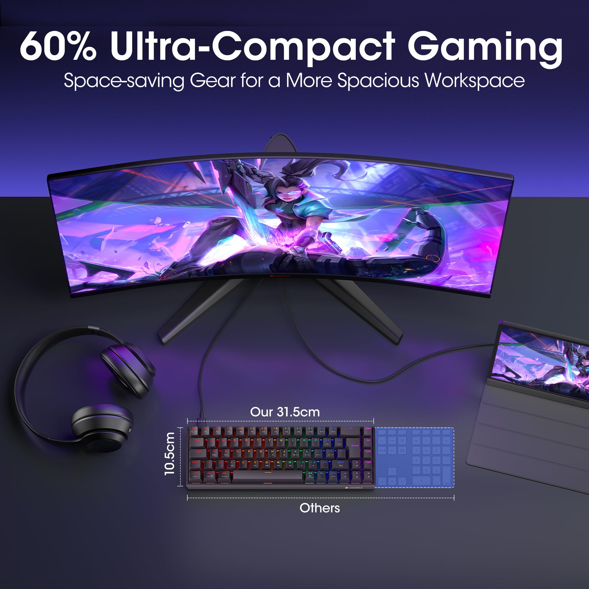 KOORUI 60% Mechanical Gaming Keyboard, Blue Switch, LED Backlit for PC/Mac/Xbox - Compact Gaming Setup