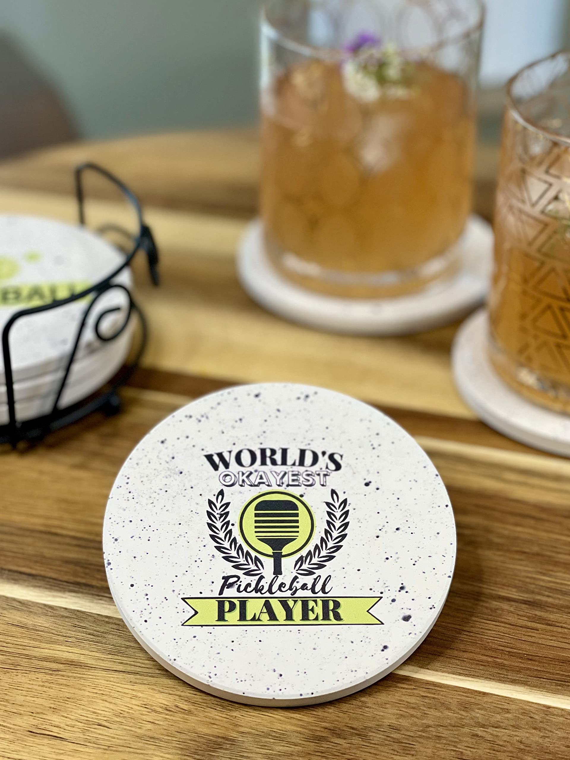 Premium Absorbent Ceramic Coasters Set of 6 with Metal Holder - Elegant Pickleball Gift for Women & Men - Includes Kraft Gift Box - Perfect for Home, Office & Sports Enthusiasts