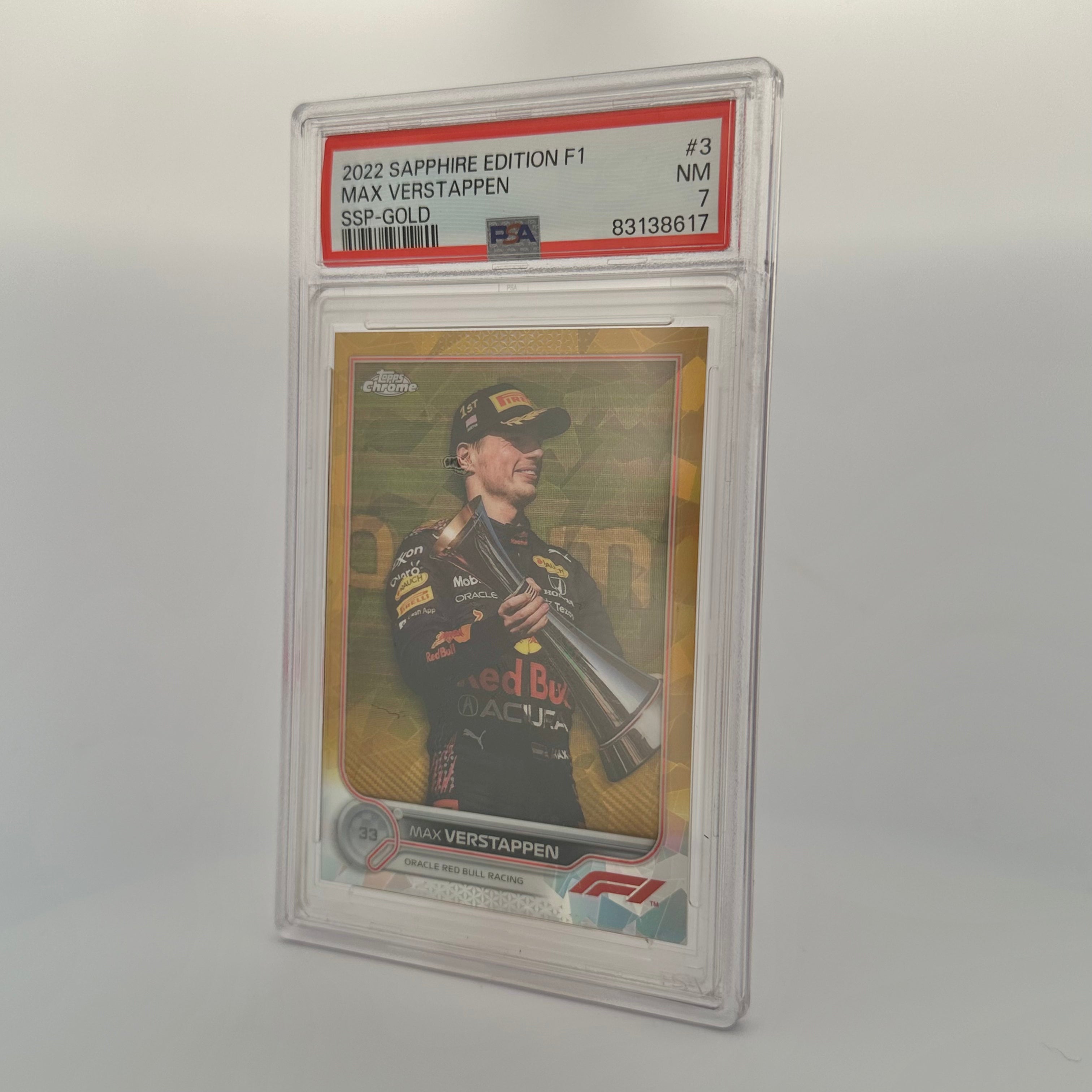 PSA 7 13/50 Max Verstappen #3 Sapphire Edition SSP Gold Trading Card - Rare Collectible for F1 Racing Fans & Sports Memorabilia Enthusiasts - Perfect for Display, Investment, and Gifting