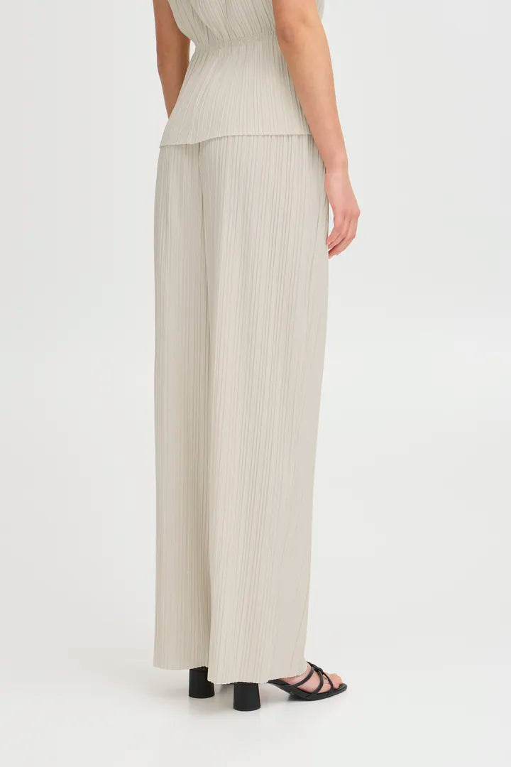 Ana Wide Leg Plisse Pants for Women - High Waisted Comfortable Trousers in Almond Milk Color | Perfect for Office, Casual Wear & Travel Outfits