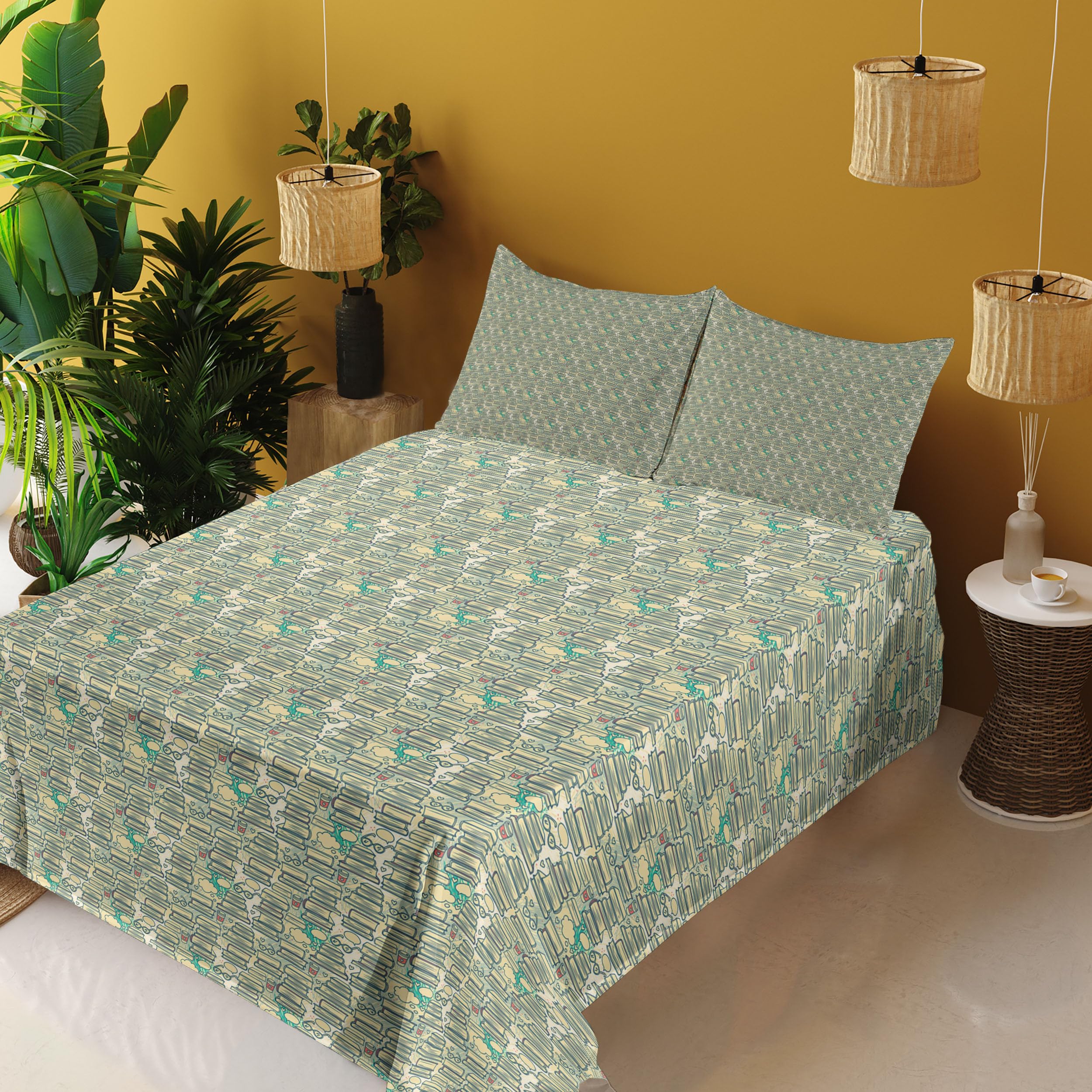 Ambesonne 4-Piece Book Lover Bedding Set - Stacks of Books with Thought Bubbles, Glasses & Coffee Cups Design - Fitted Sheet, Flat Sheet & 2 Pillowcases - Cream Almond Green - Perfect for College Dorms, Reading Nooks & Bookworm Bedrooms