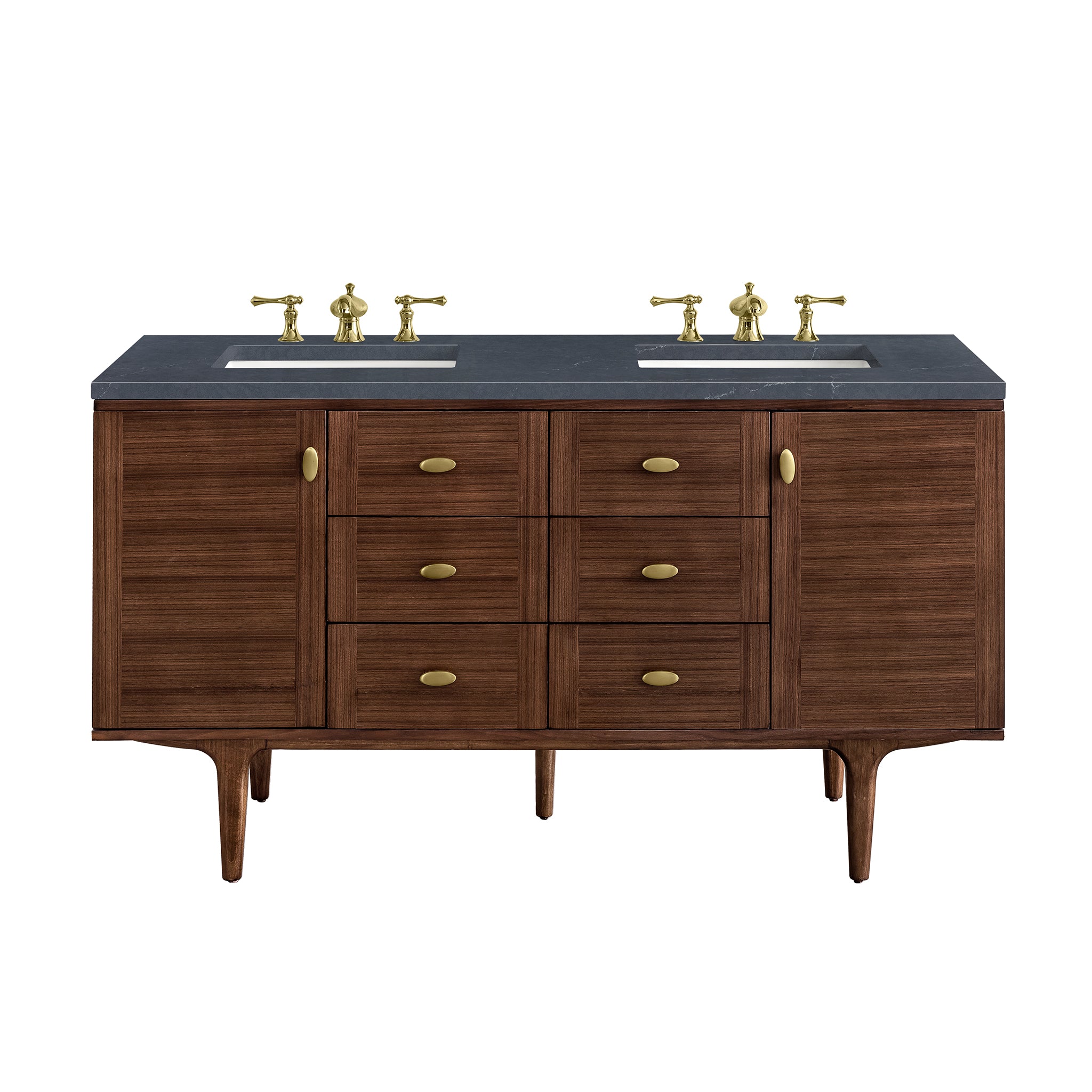 Amberly 60 Inch Double Bathroom Vanity with Mid Century Modern Walnut Base & 3CM Charcoal Soapstone Countertop - Perfect for Master Bathroom Renovation and Luxury Home Upgrade