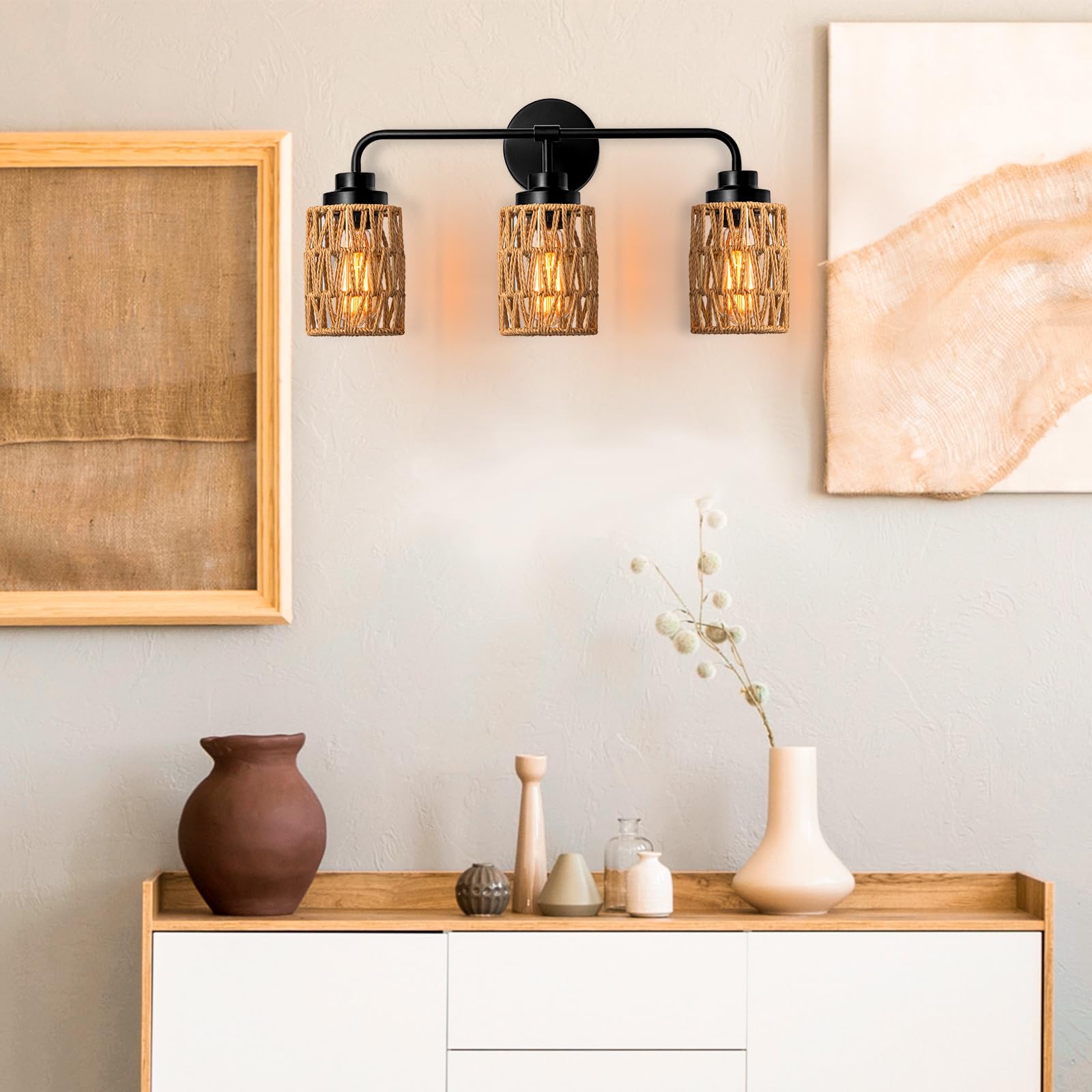 3-Light Rustic Farmhouse Vanity Lighting - Boho Rattan Wall Sconce with Hand Woven Design for Bathroom Mirror, Bedroom & Hallway - Natural Style Wall Mounted Fixture for Home Decor