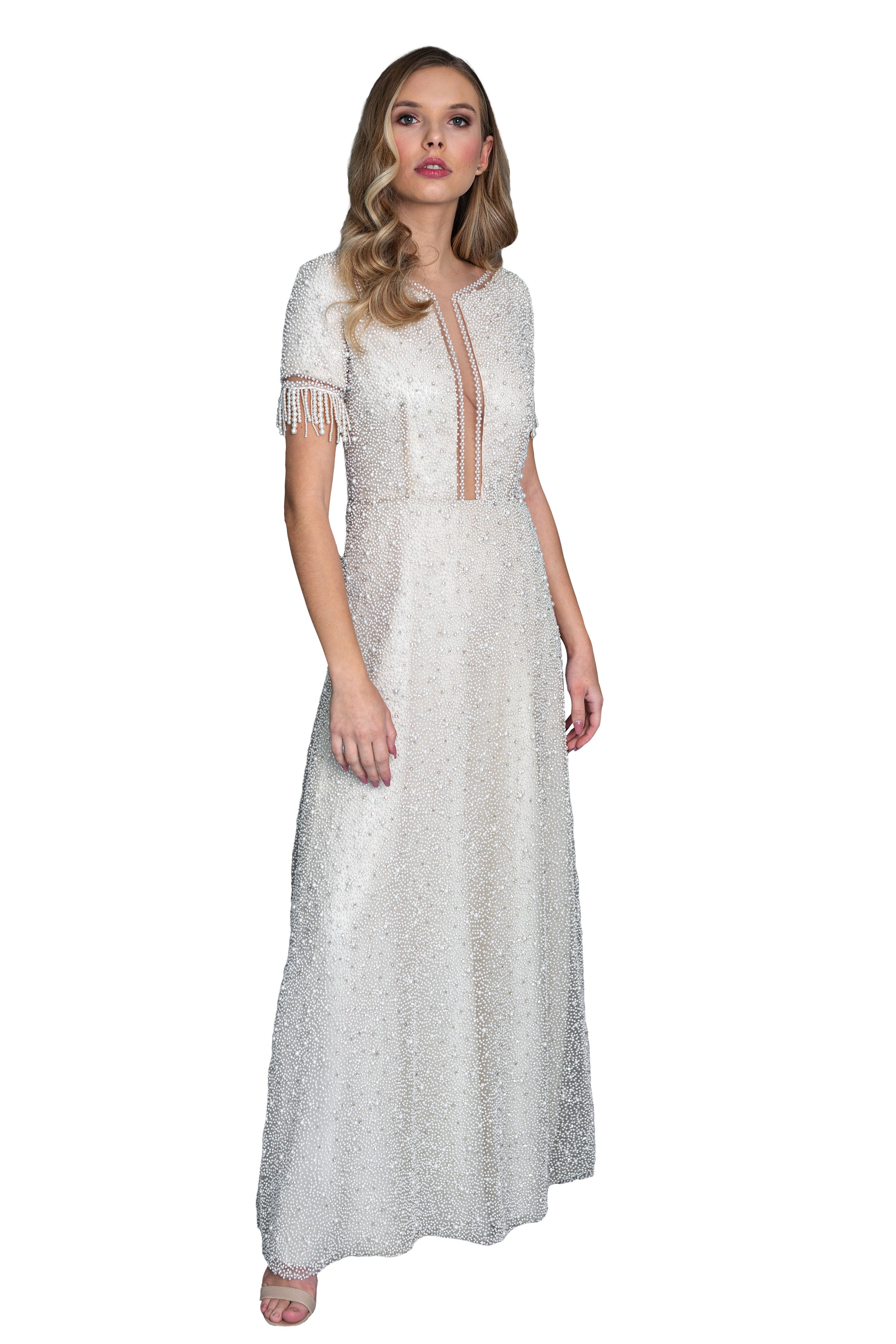 Elegant Pearl Embellished Evening Gown for Women - Perfect for Prom, Weddings & Formal Occasions