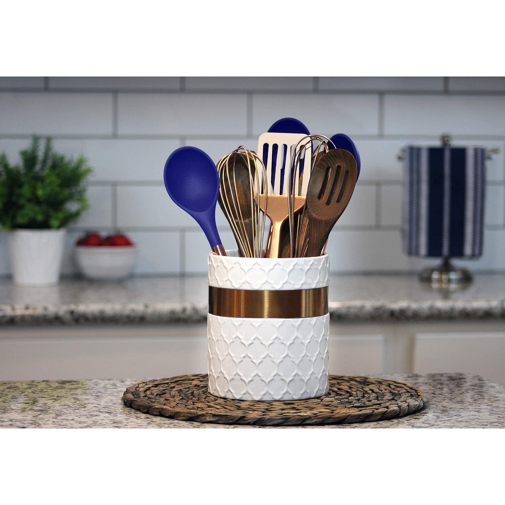 Farmhouse Ceramic Kitchen Utensil Holder - Large White & Copper Countertop Crock for Spoons, Spatulas & Cooking Tools | Rustic Farmhouse Decor for Kitchen Counter, Dining Table & Pantry Organization