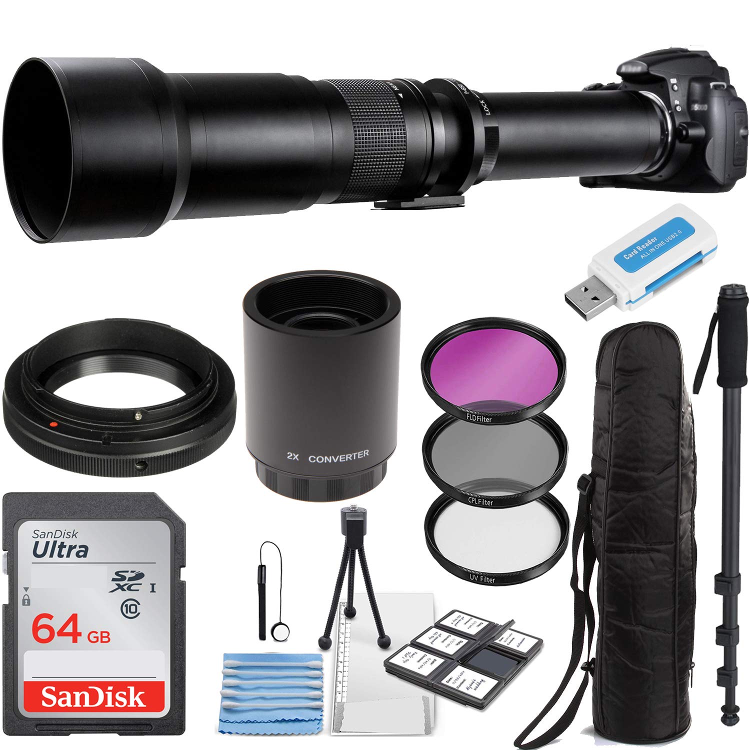 650-1300mm f/8 Manual Telephoto Zoom Lens for Sony E-Mount Cameras with 2X Teleconverter (Extends to 2600mm) - Professional Photography Accessory Kit for Wildlife, Sports & Long-Distance Shooting