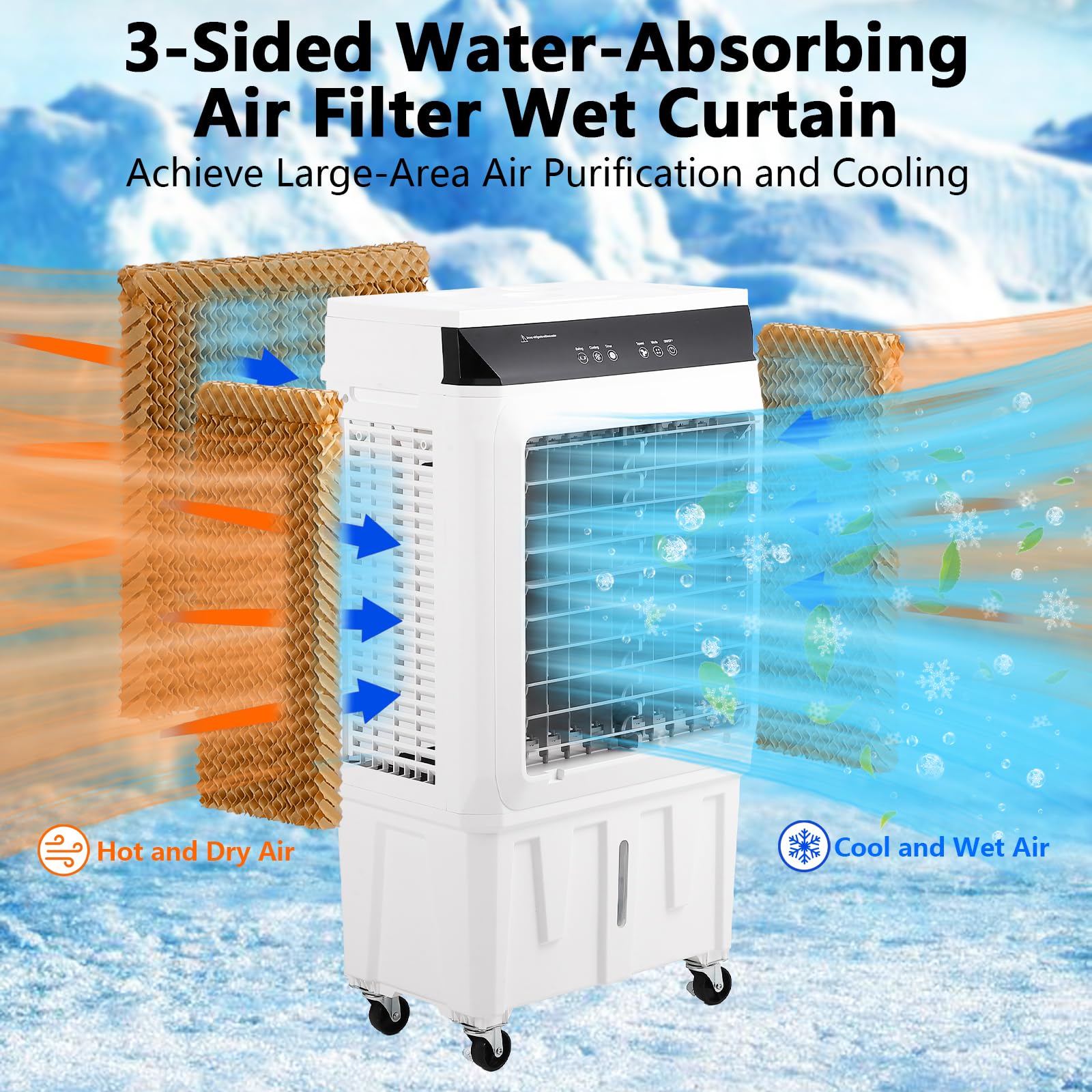 Portable Evaporative Air Cooler - 1800 CFM Swamp Cooler with Remote Control, 4 Ice Packs, 3 Speed Modes for Indoor & Outdoor Use - 8.4 Gallon Water Tank - Perfect for Patio, Garage, Bedroom, and Office Cooling