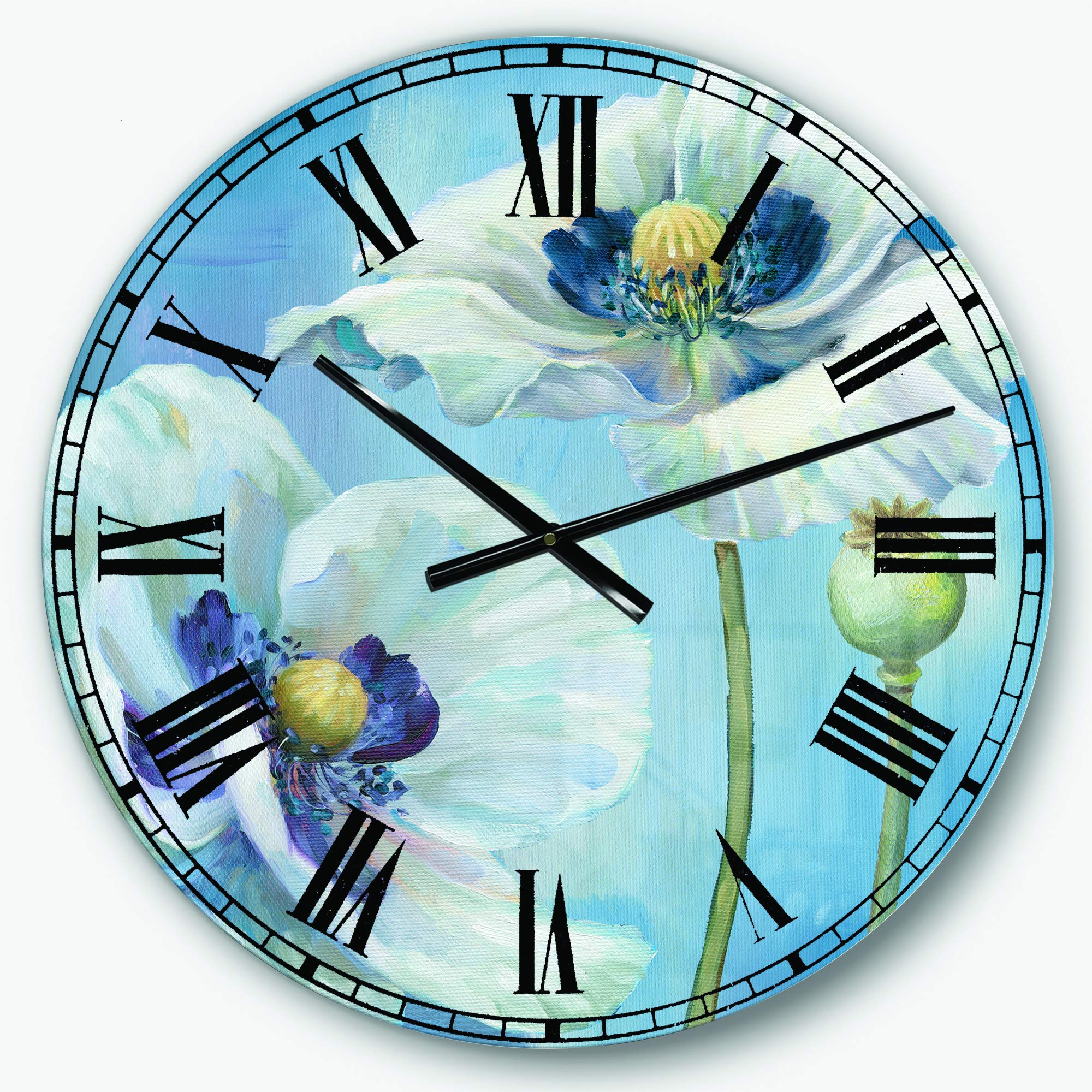 Designart Handpainted White Flower on Blue Wall Art - Farmhouse Round Metal Wall Clock for Home, Living Room, Bedroom & Office Decor | Perfect for Rustic, Vintage & Boho Interior Design Styles