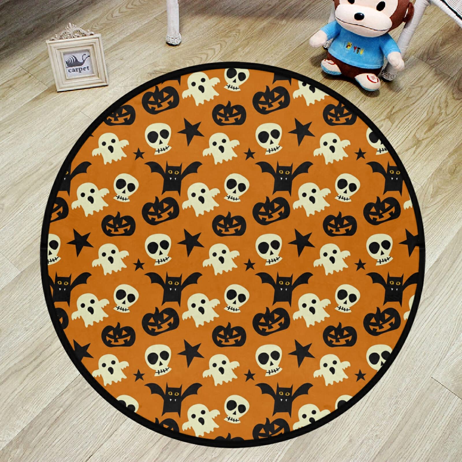 Spooky Skull Halloween Round Area Rug - Washable Non-Slip Memory Foam Doormat for Indoor/Outdoor Use - 36