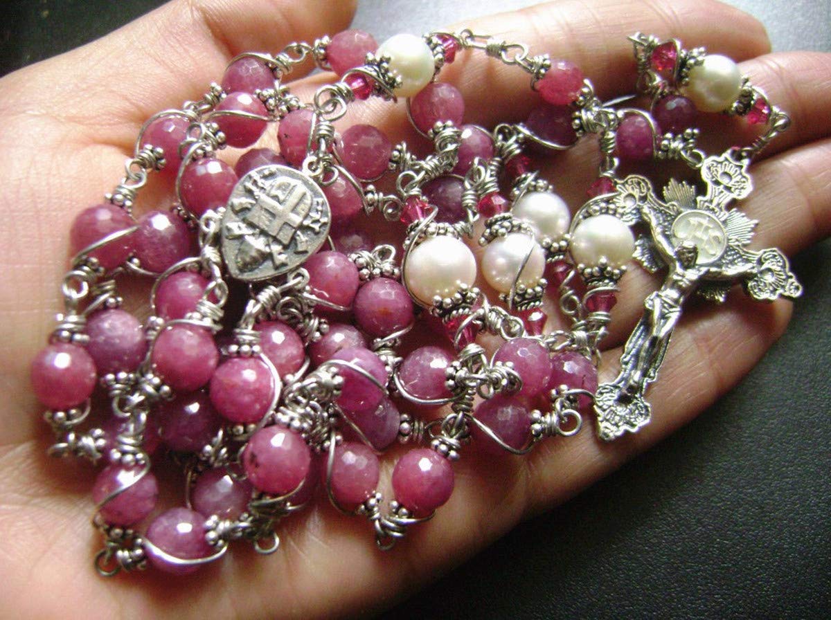Handmade 925 Sterling Silver Ruby Beads Rosary Cross Catholic Necklace - Elegant Religious Jewelry Gift Box for Prayer, Worship & Special Occasions