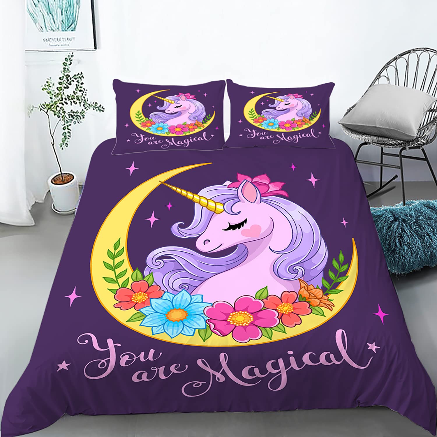 Rainbow Unicorn Duvet Cover Set - Queen Size 3-Piece for Kids' Bedroom