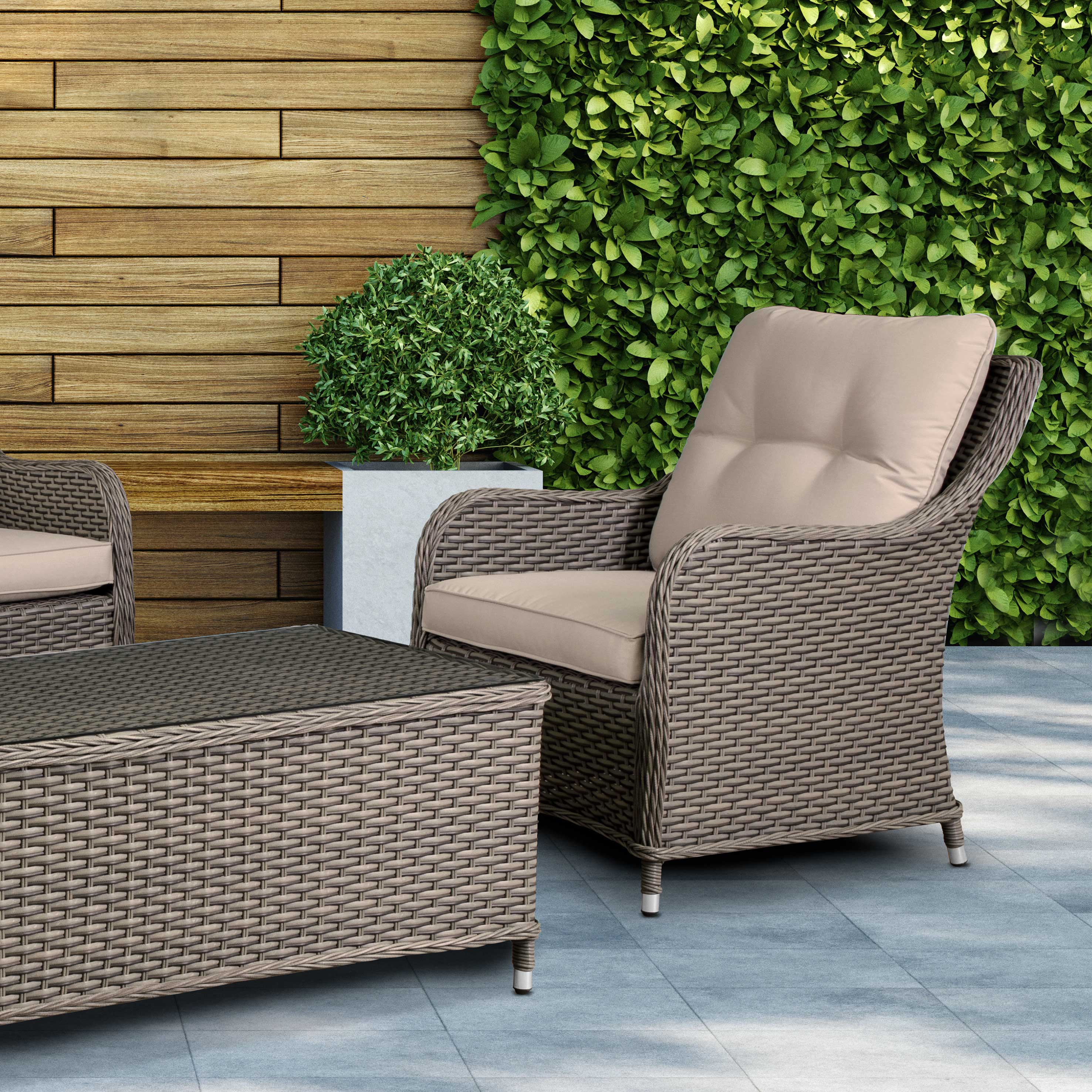 Chester 4-Piece Outdoor Rattan Patio Furniture Set with Double Seater Sofa, Coffee Table & 2 Chairs - Weather-Resistant Brown Wicker Lounge Set for Garden, Poolside & Backyard Relaxation (Model DG87)