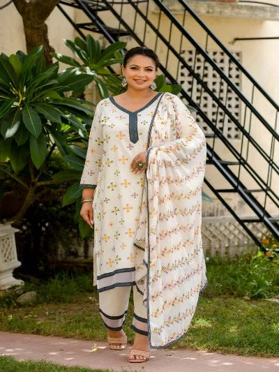 Plus Size White Cotton Jaipuri Print Ready-Made Salwar Suit for Women | Comfortable Ethnic Outfit for Festivals, Weddings & Special Occasions