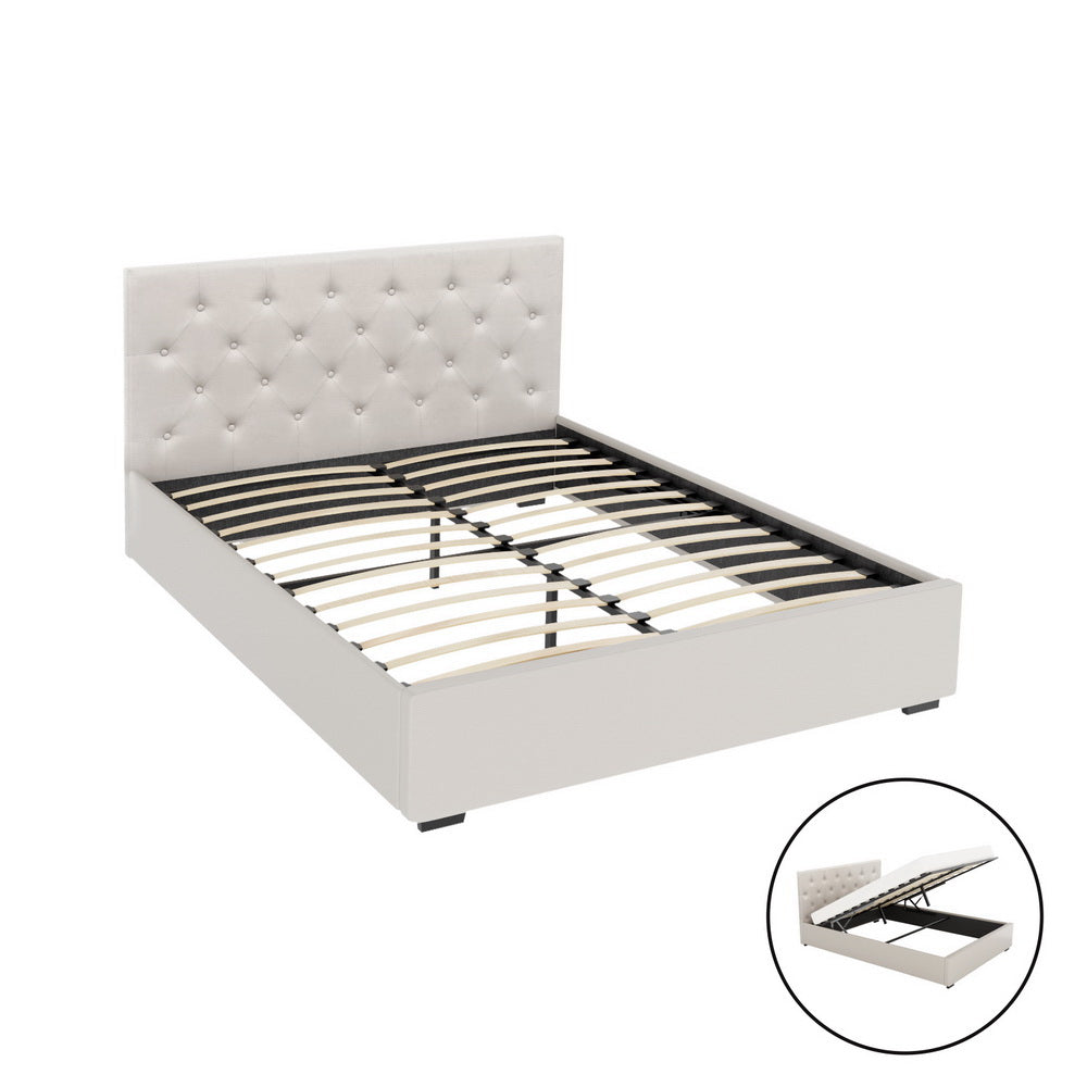 Dorilla Gas Lift Storage Bed Frame with Bonita Pillow Top Mattress - Double Size, Beige, Medium Firm - Space-Saving Bedroom Solution for Small Apartments & Guest Rooms